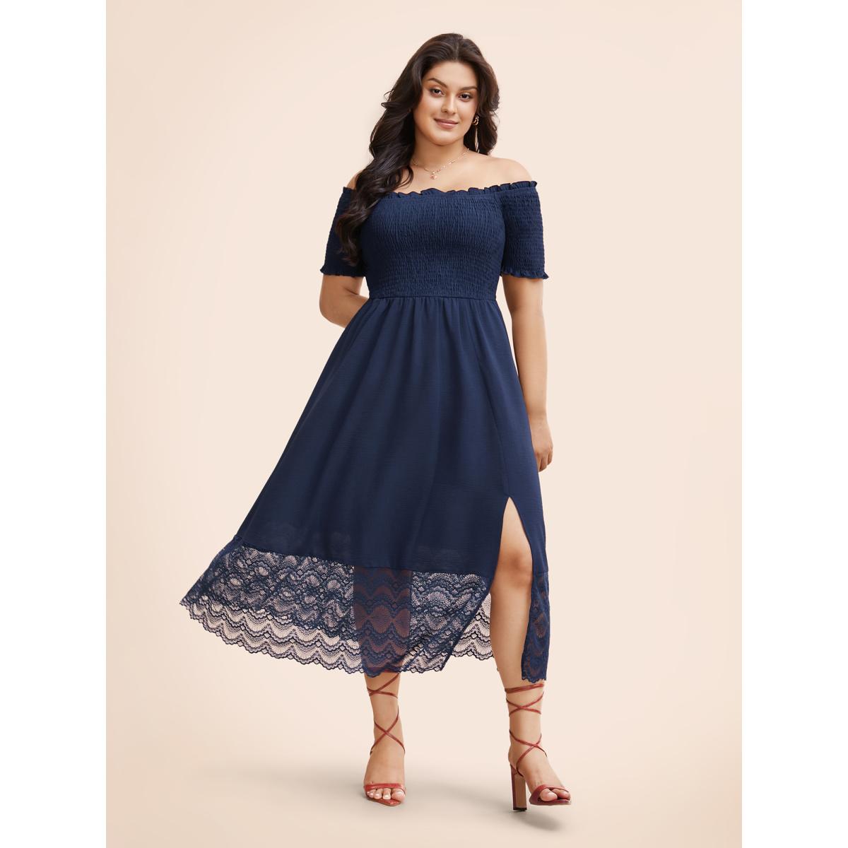 Plus Size Off Shoulder Shirred Lace Patchwork Dress Indigo Women Elegant Woven ribbon&lace trim One-shoulder neck Short sleeve Curvy BloomChic 12/L Product Image