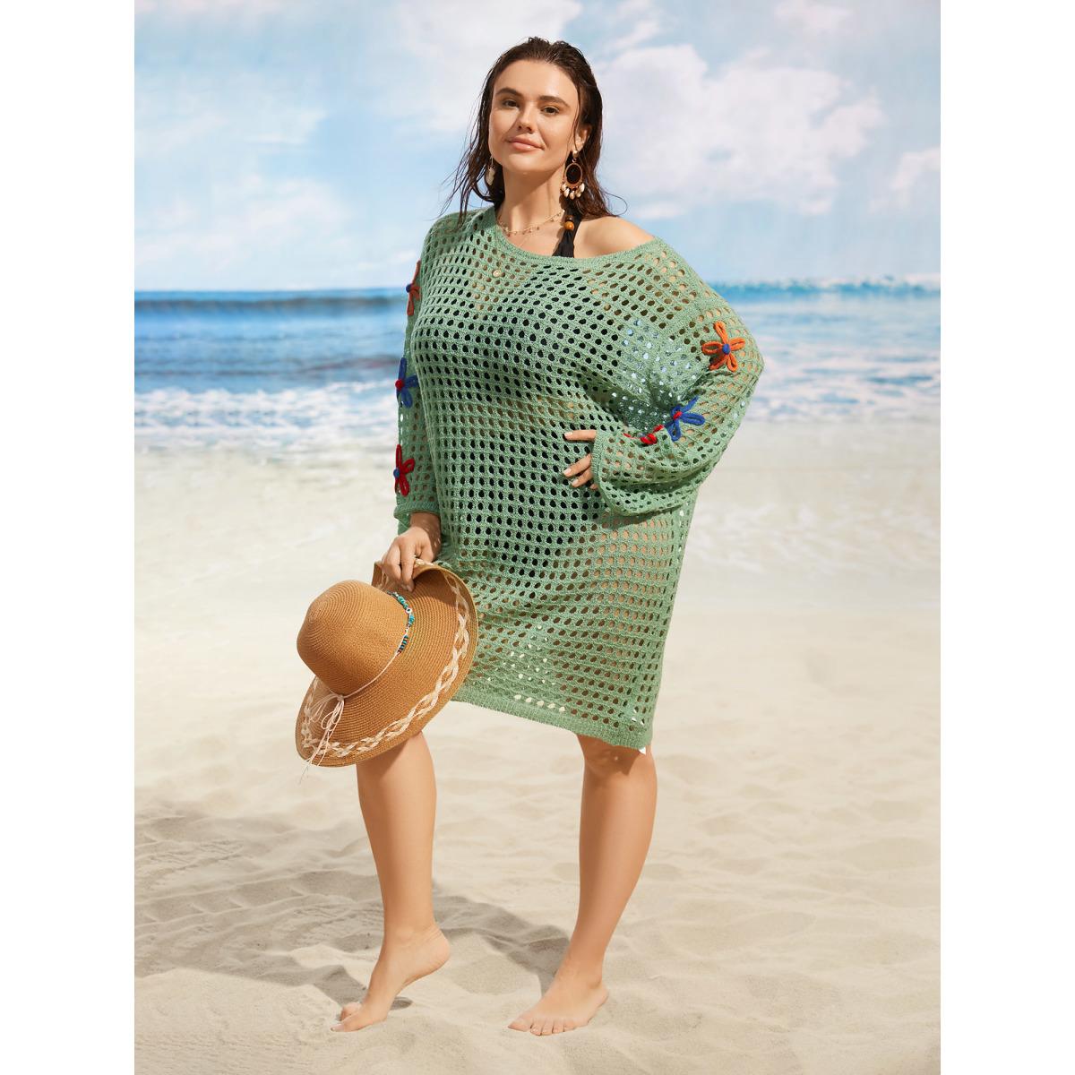 Plus Size Boat Neck Crochet Floral Cut Out Swim Cover Up Women's Swimwear Mint Beach Loose Crochet Curve Swim Cover Ups BloomChic 14-16/1X Product Image