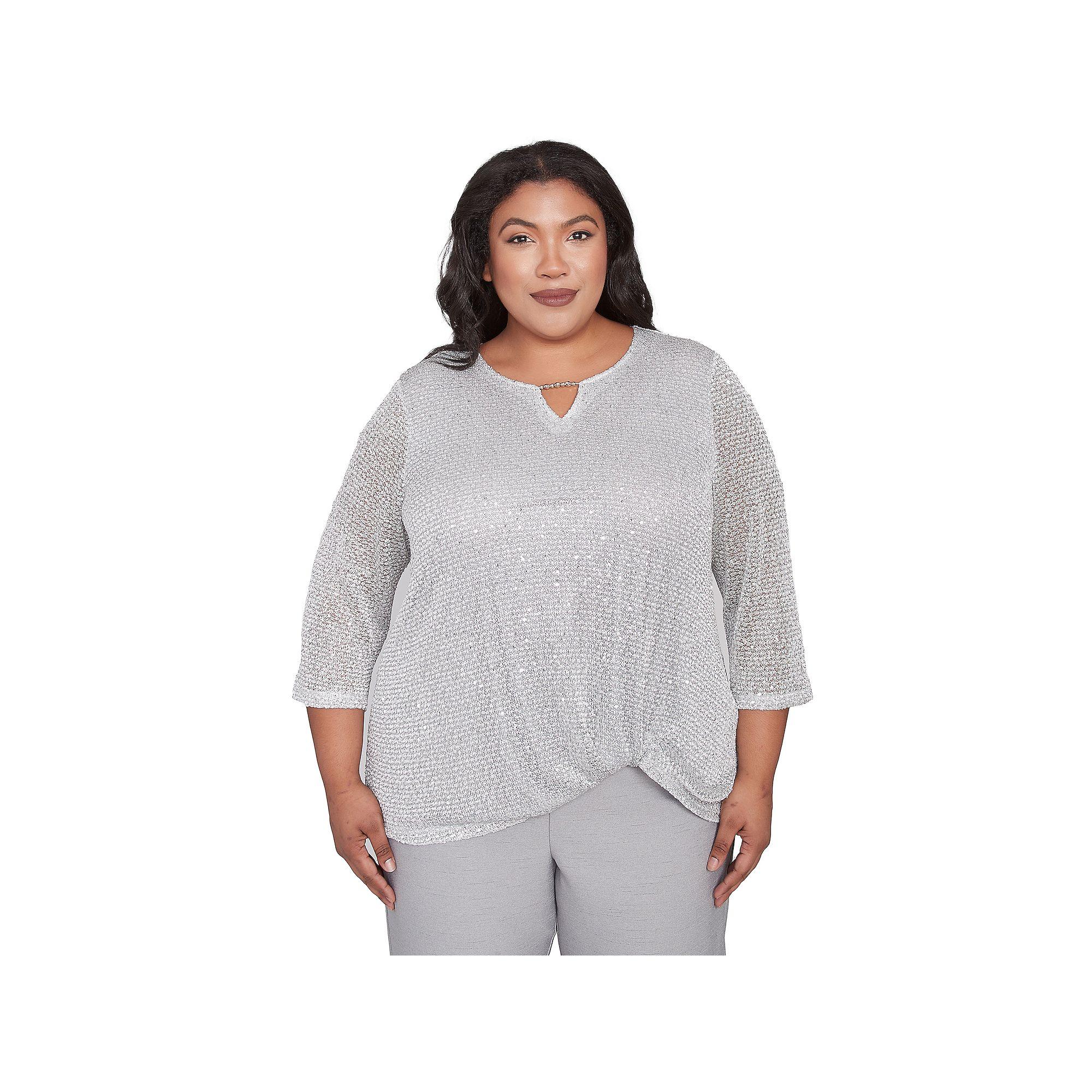 Plus Size Alfred Dunner Sequin Beaded Split Neck Top, Women's, Size: 1XL, Dove Gray Product Image