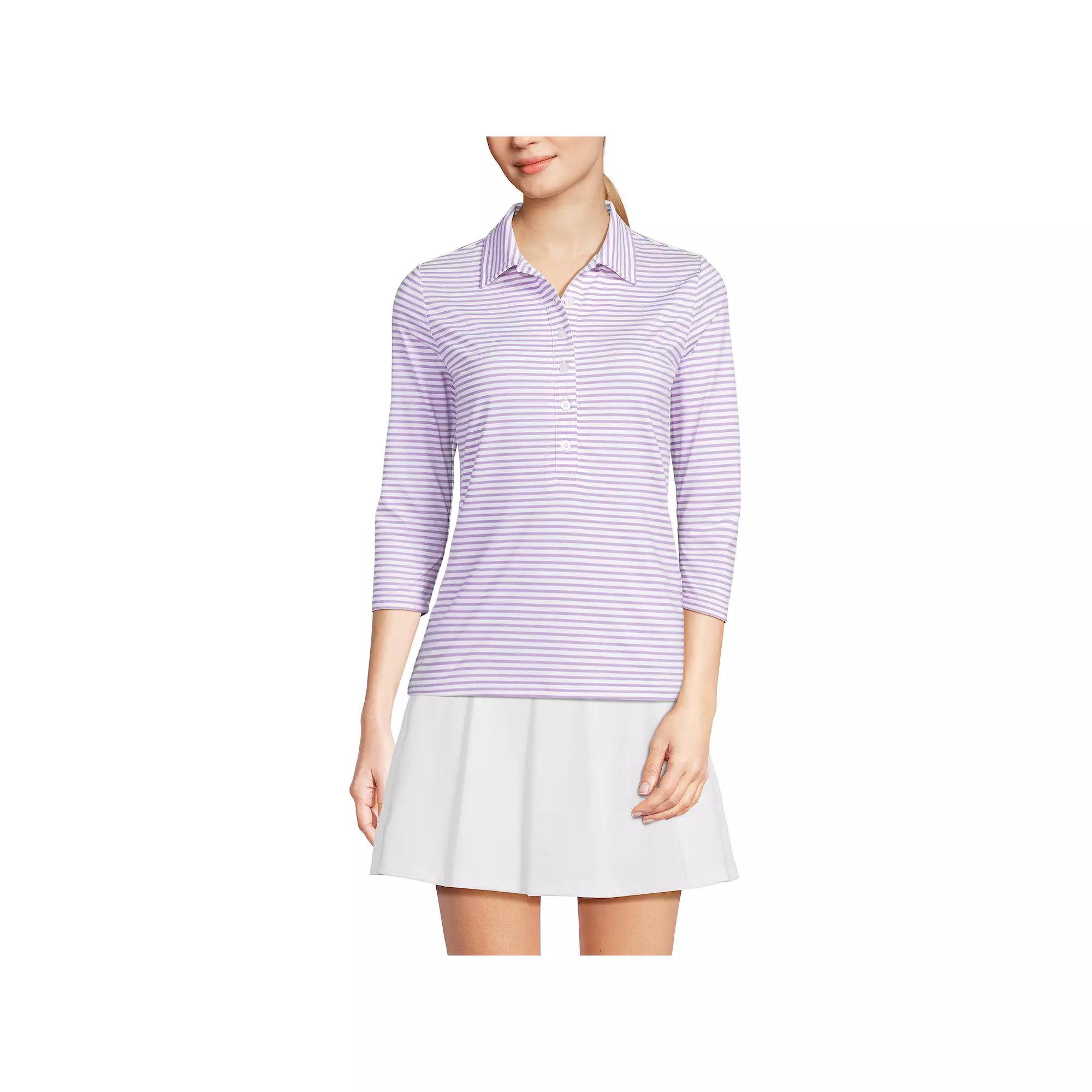 Women's Lands' End 3/4 Sleeve Active Polo Shirt, Size: Medium, White Purple Stripe Product Image