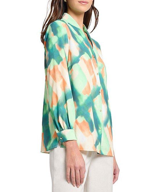 MISOOK Abstract Print Crepe De Chine Mandarin Collar V-Neck Long Sleeve Blouse Product Image