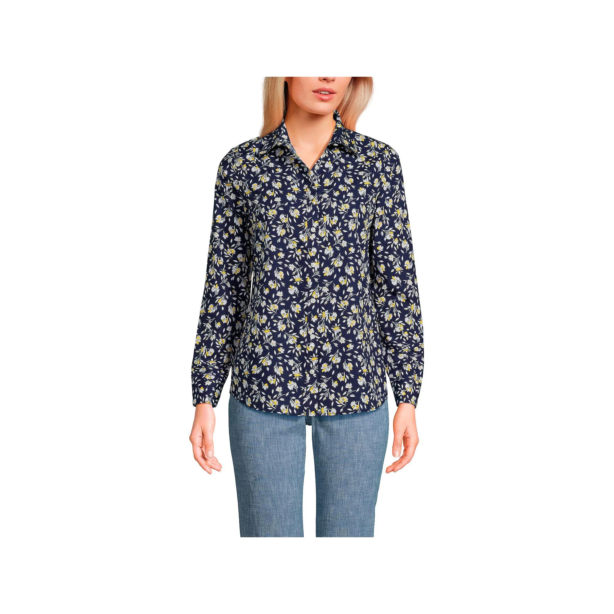 Women's Lands' End No-Iron Long Sleeve Supima Cotton Shirt, Size: 12, Deep  Blue Floral Product Image