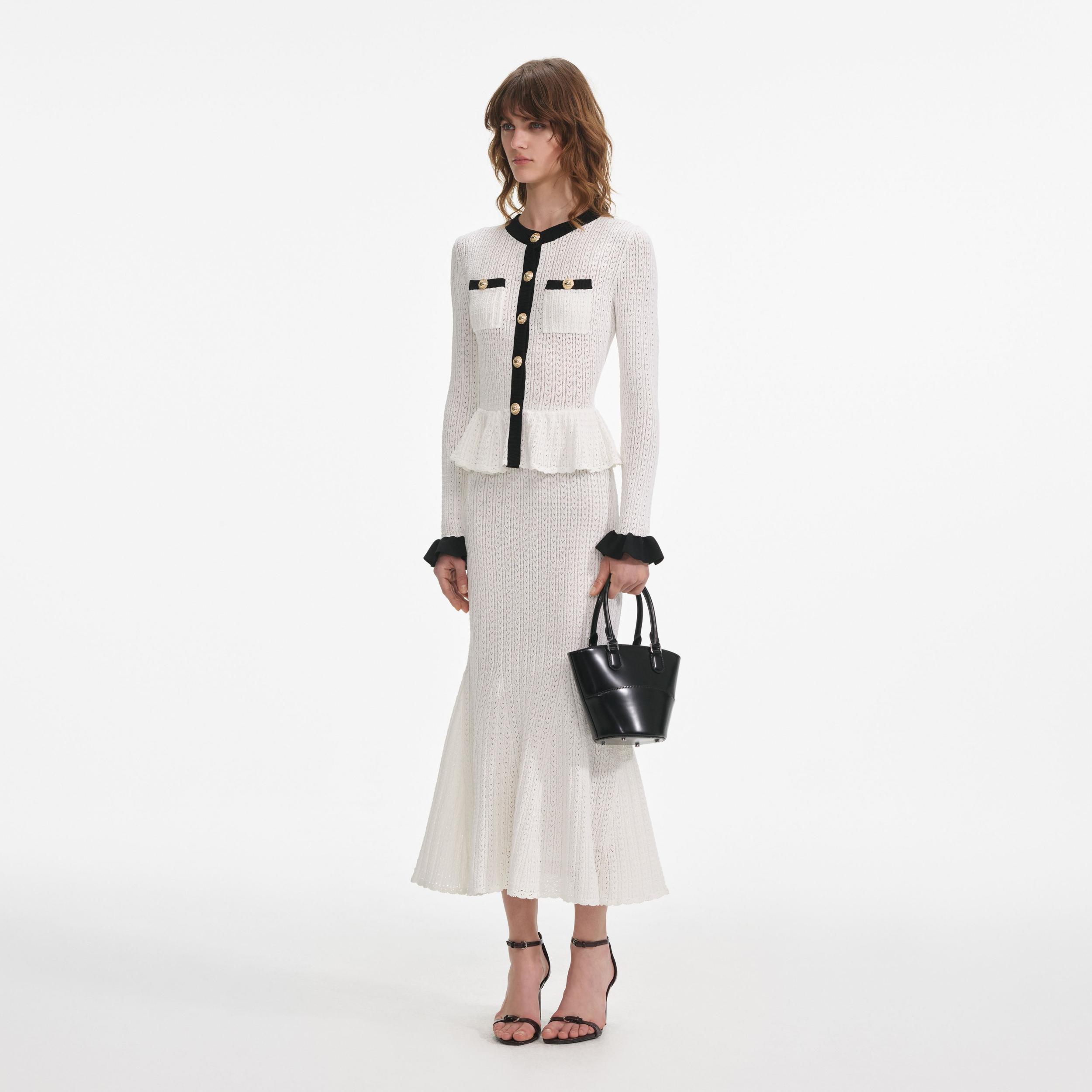 White Pointelle Knit Contrast Midi Dress Product Image