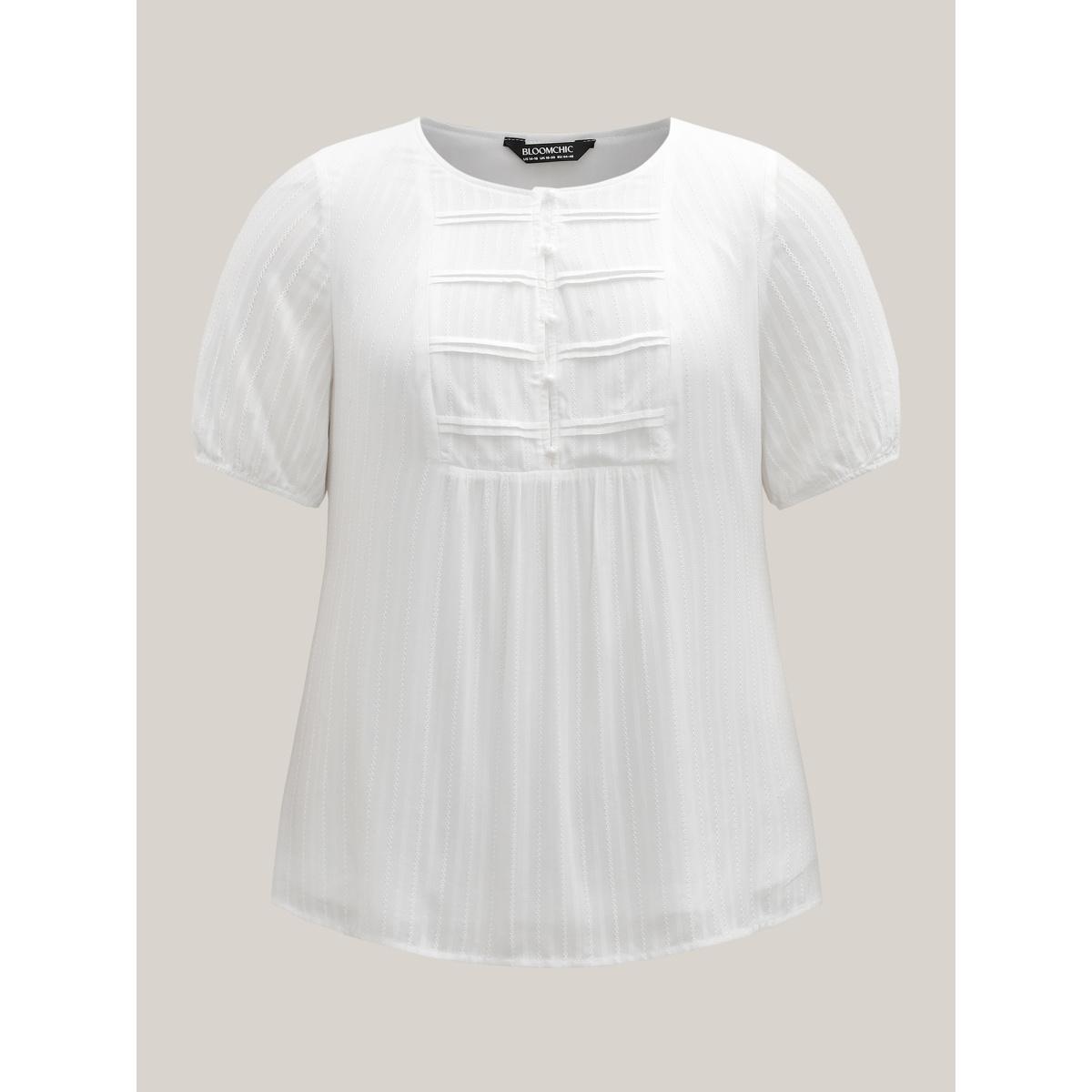 Plus Size Opticwhite Textured Pleated Bodice Plain Blouse Women Elbow-length sleeve Round Neck Everyday-Elegant Blouses BloomChic 22-24/3X Product Image