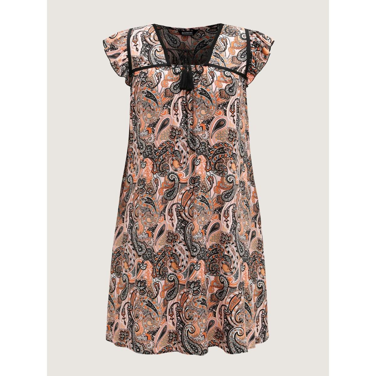 Plus Size Rayon Paisley Print Neck Tie Midi Dress Multicolor Women Boho Square Neck Cap Sleeve Curvy BloomChic 12/L Product Image