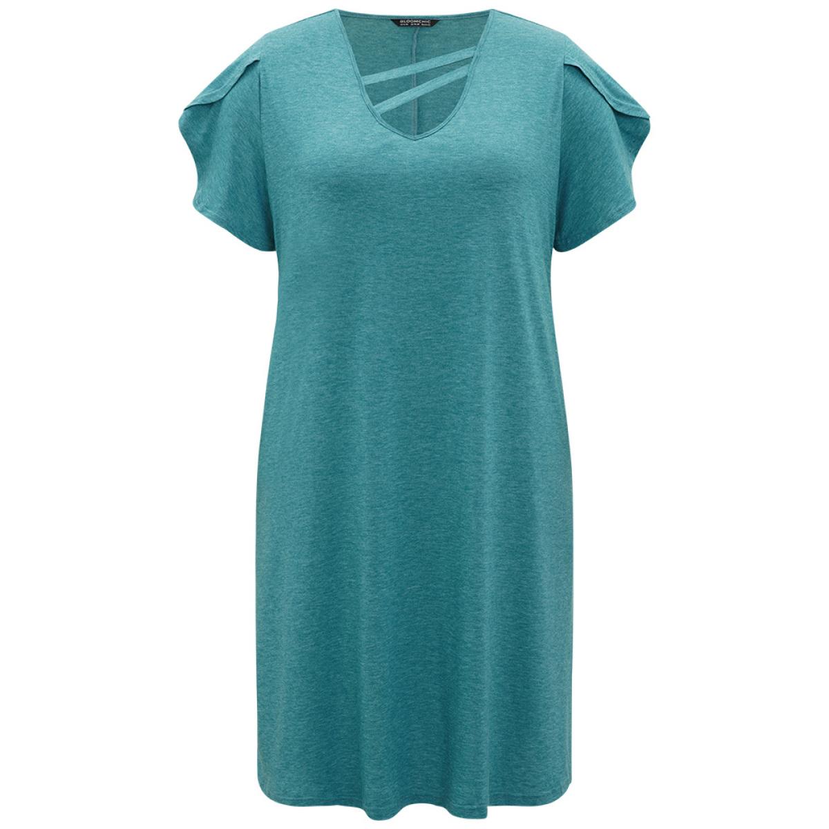 Plus Size Supersoft Essentials Solid Pocket Keyhole Petal Sleeve Dress Cerulean Women Casual Plain V-neck Short sleeve Curvy Midi Dress BloomChic 22-24/3X Product Image