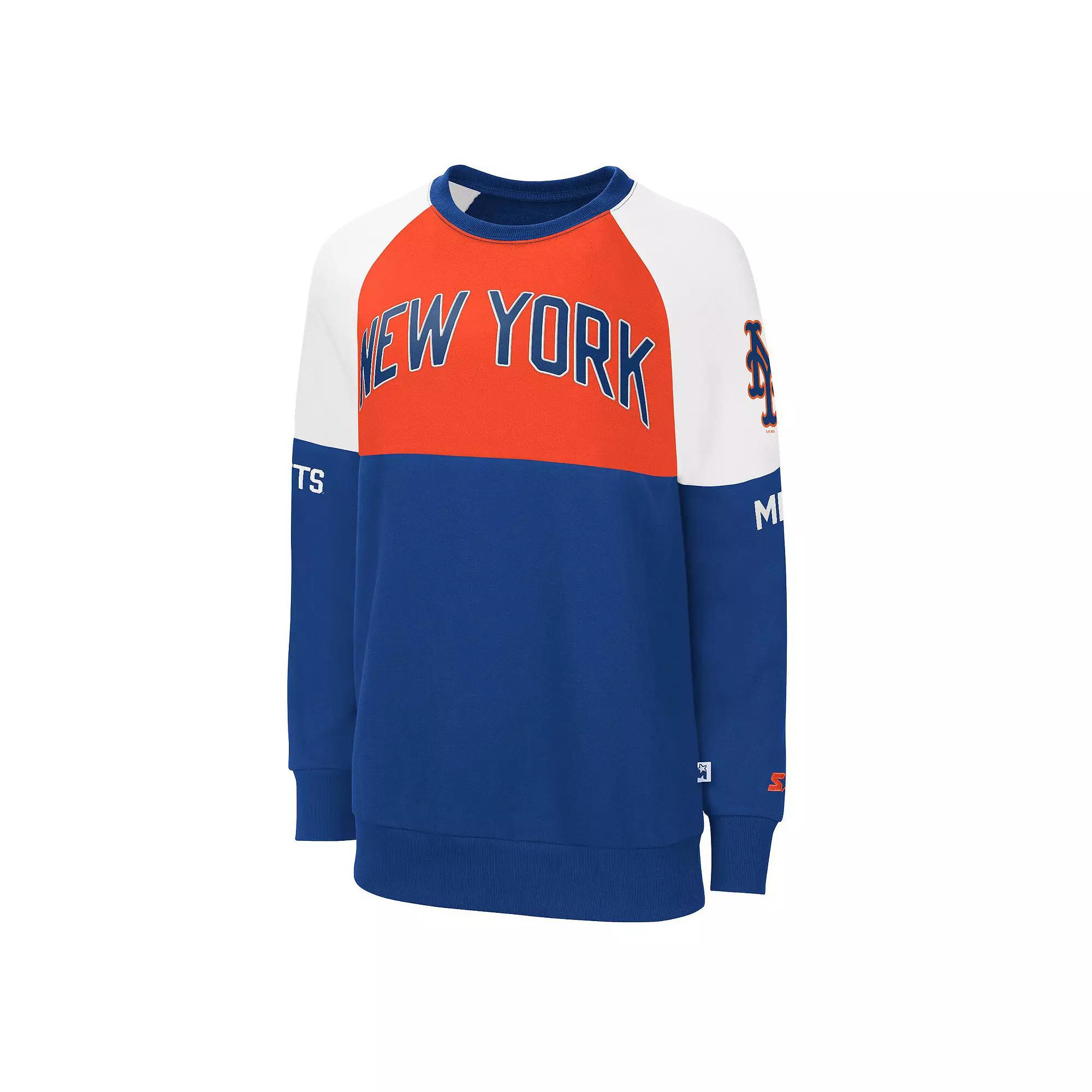 Women's Starter Royal/Orange New York Mets Baseline Raglan Pullover Sweatshirt, Size: Small, Blue Product Image