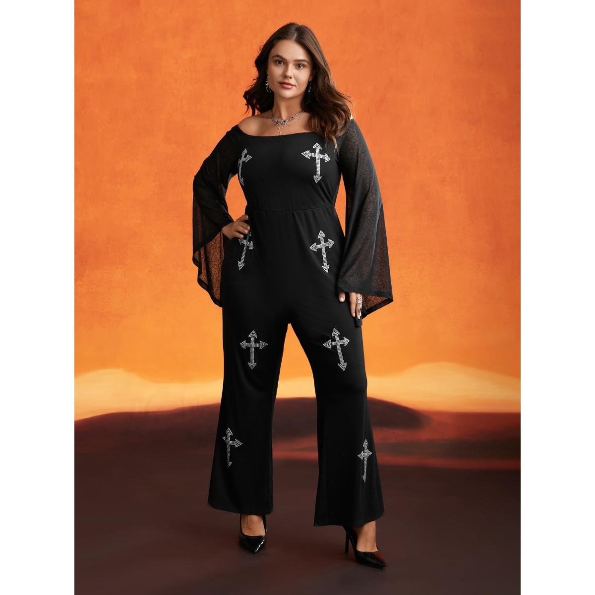 Plus Size Black Gothic Glam Off-Shoulder Waist-Cinching Jumpsuit Women Cocktail Extra Long Sleeve One-shoulder neck Party Loose Jumpsuits BloomChic 22-24/3X Product Image