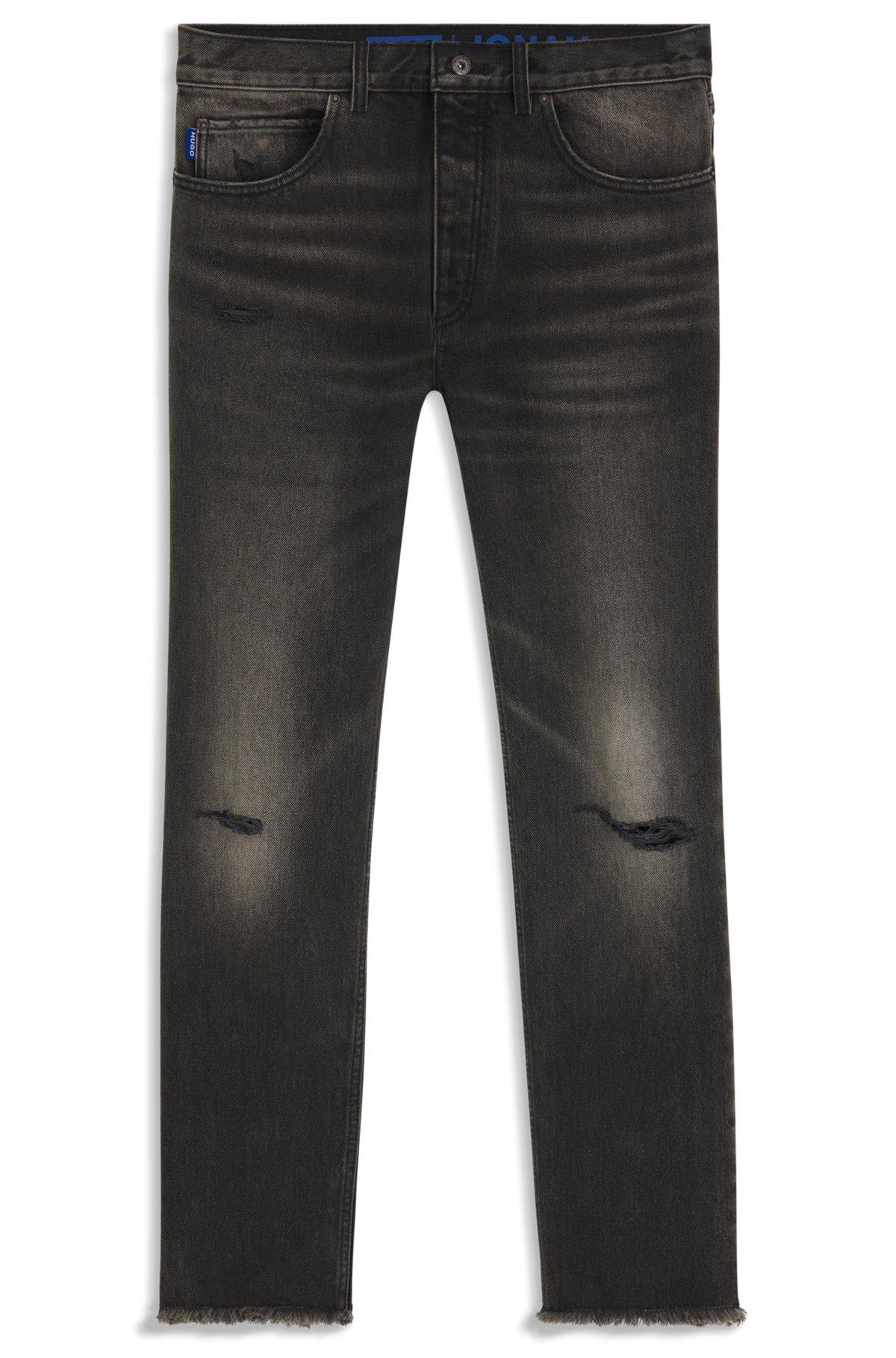 HUGO - Regular-fit jeans in distressed Candiani denim - Dark Grey Product Image