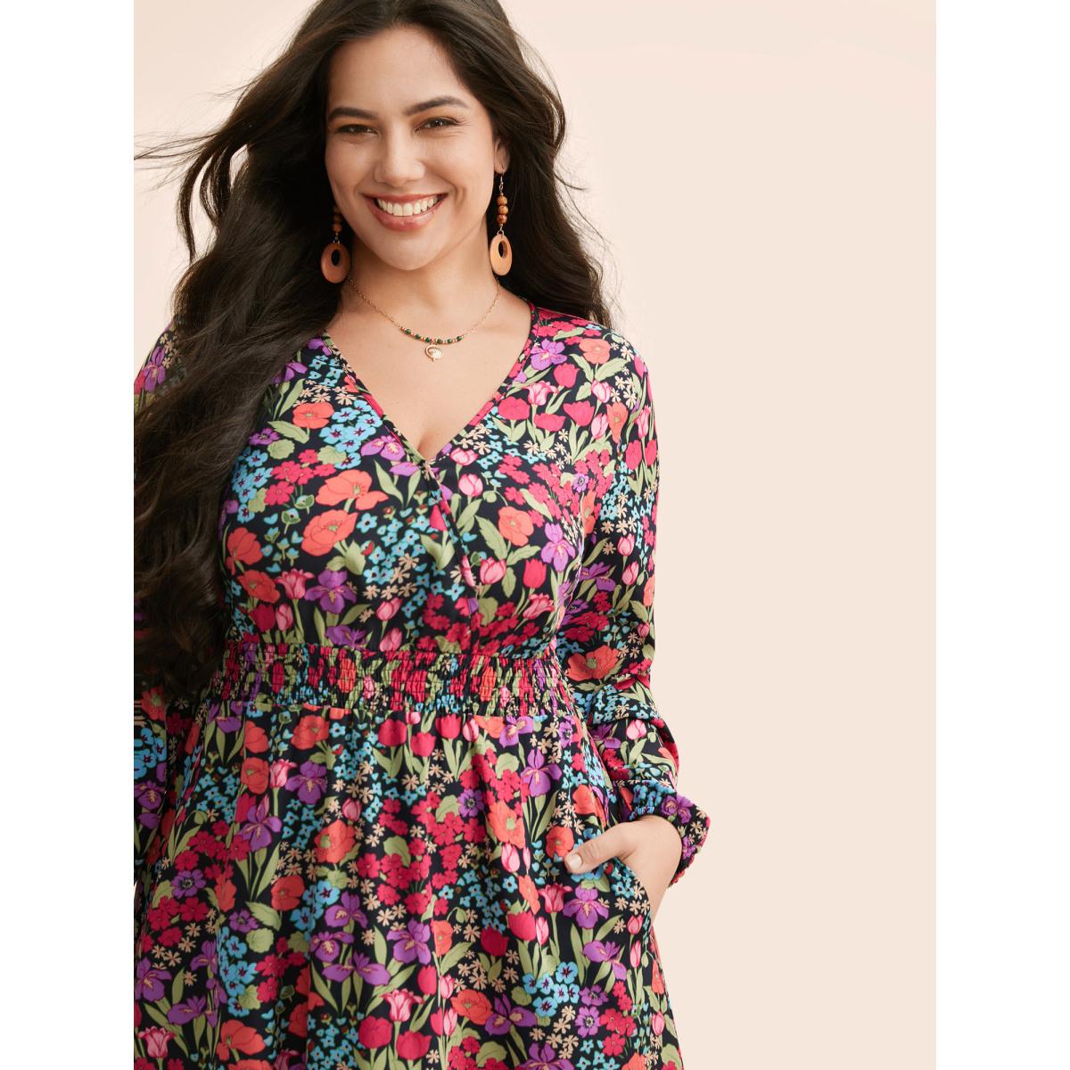 Plus Size Floral Overlap Collar Shirred Dress BlackFlower Women Elegant Shirred Overlap Collar Long Sleeve Curvy BloomChic 22-24/3X Product Image