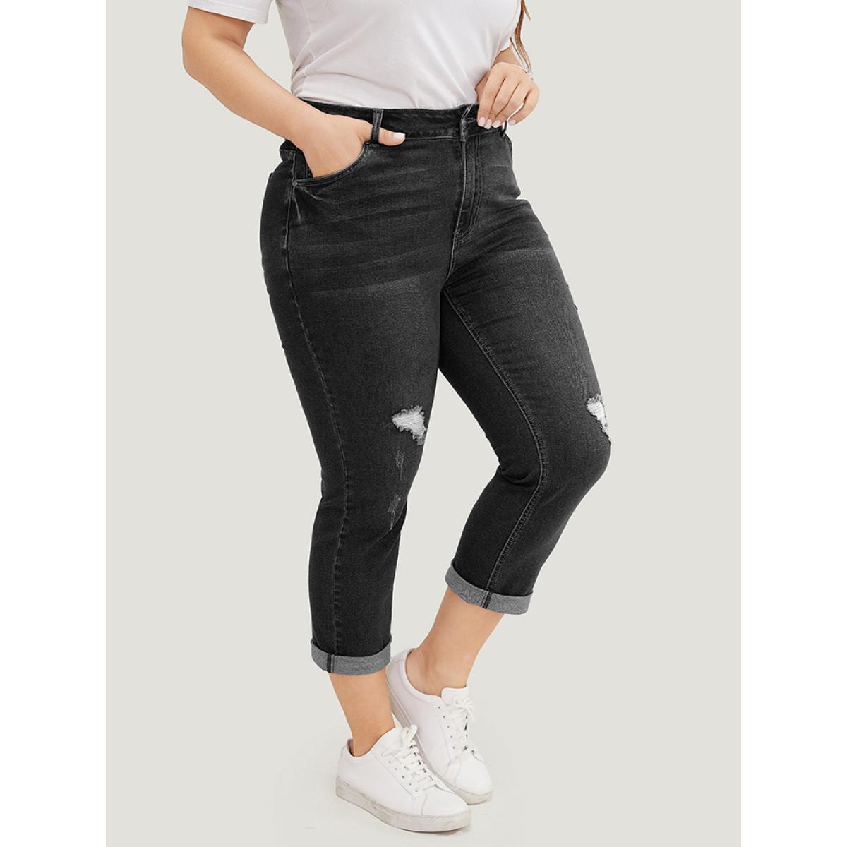 Plus Size Very Stretchy Dark Wash Roll Hem Cropped Jeans Women DarkGray Casual Plain Distressed High stretch Patch pocket Jeans BloomChic 18/2X Product Image