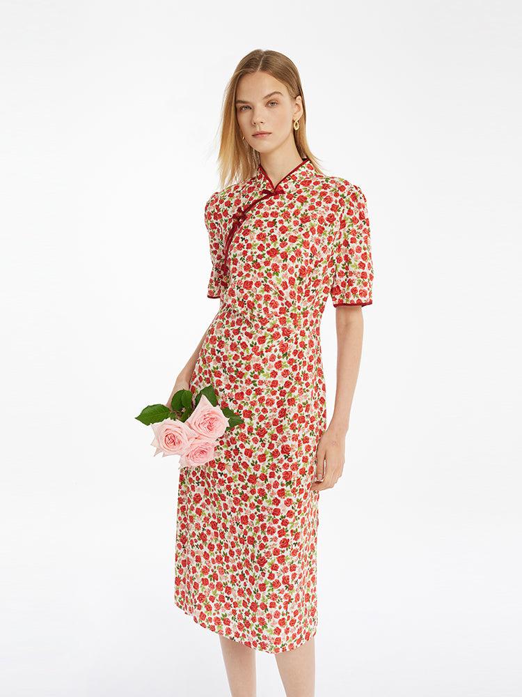 Red Rose Print Cheongsam Women Qipao Midi Dress Product Image