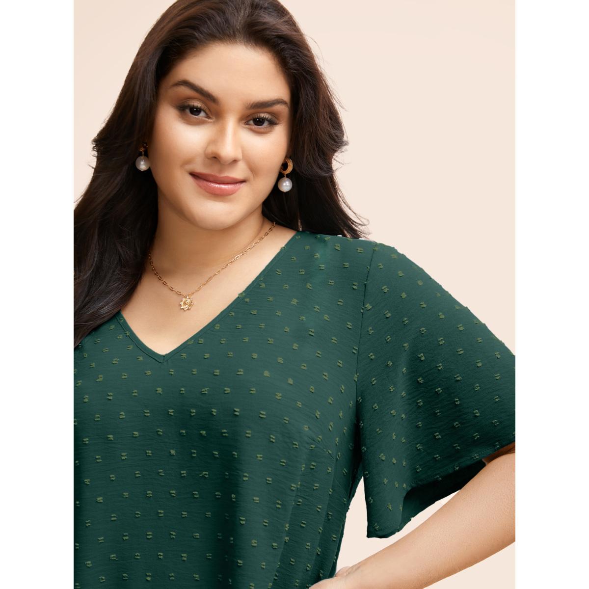 Plus Size DarkGreen Polka Dot Lace Sleeve Blouse Women Elegant Short sleeve V-neck Everyday Blouses BloomChic 10/M Product Image