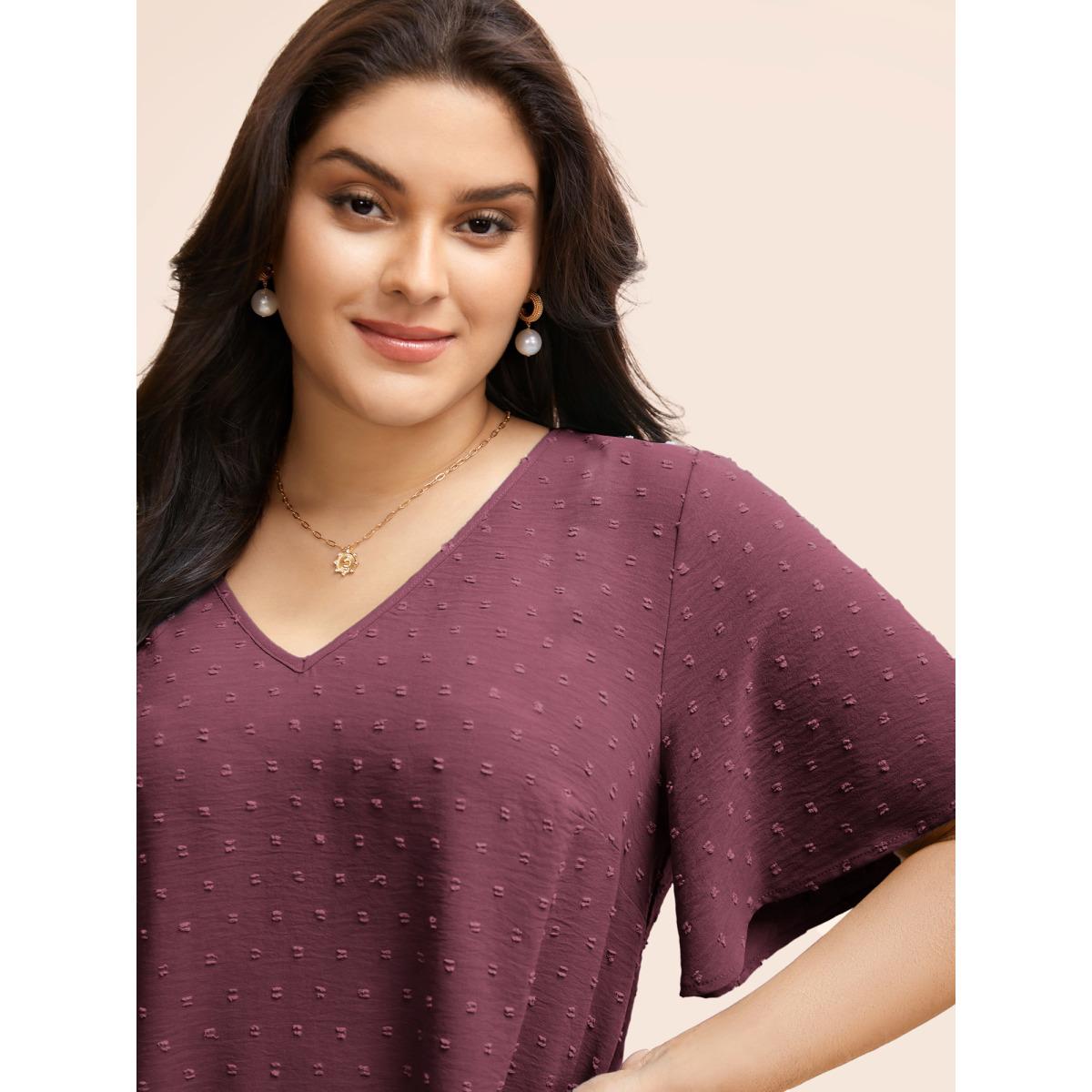 Plus Size Purple Polka Dot Lace Sleeve Blouse Women Elegant Short sleeve V-neck Everyday Blouses BloomChic 28/5X Product Image