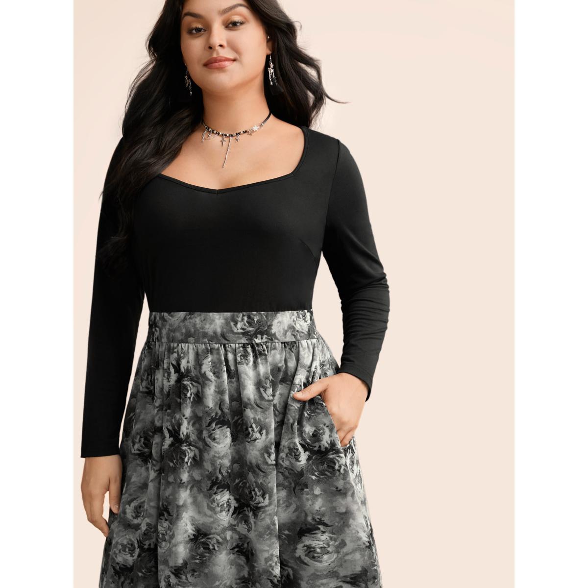 Plus Size Knitted Chiffon Blend Adjustable Waist Midi Dress Black Women Cocktail Patchwork Heart neckline Long Sleeve Curvy BloomChic 10/M Product Image