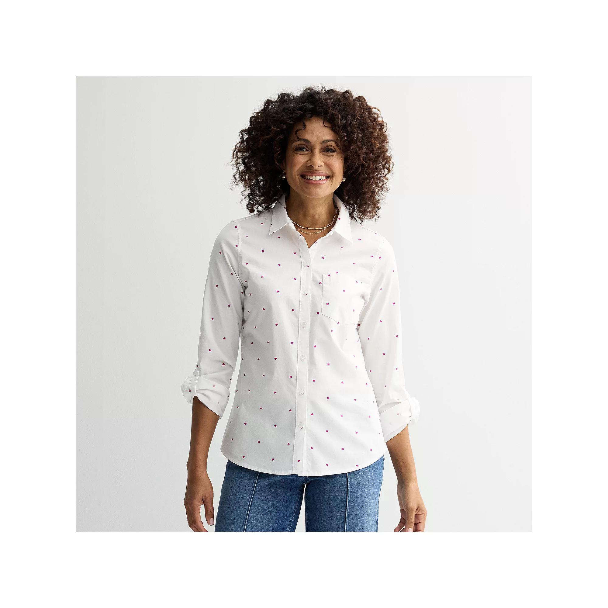 Women's Croft & Barrow® Essential One Pocket Button Down Shirt, Size: Large, Pink Heart Product Image