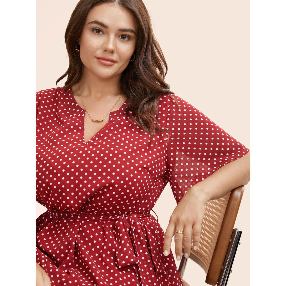 Plus Size Chiffon Polka Dot Ruffle Sleeve Dress Burgundy Women Elegant See through Flat collar Short sleeve Curvy BloomChic 28/5X Product Image
