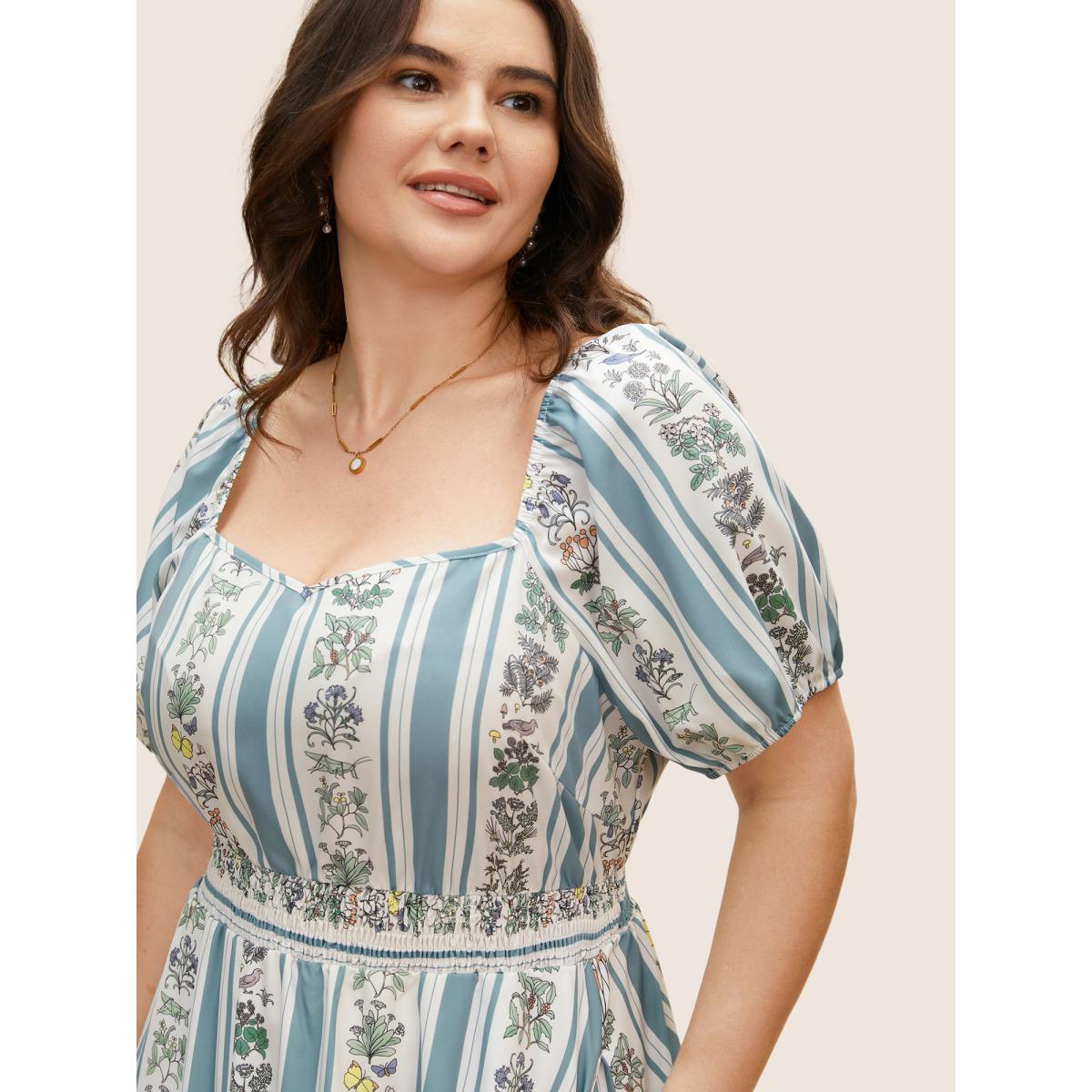 Plus Size Floral Patchwork Striped Shirred Puff Sleeve Dress LightBlue Women Elegant Gathered Heart neckline Short sleeve Curvy BloomChic 26/4X Product Image