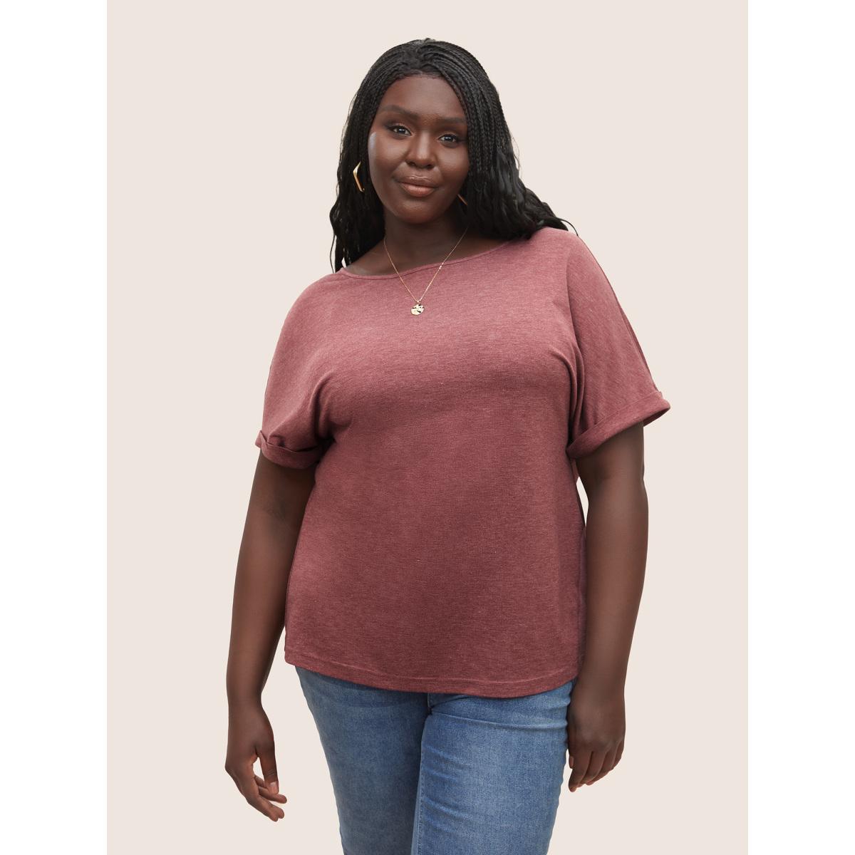 Plus Size Heather Button Detail Dolman Sleeve T-shirt Russet Women Casual Button Plain Round Neck Everyday T-shirts BloomChic 30/6X Product Image