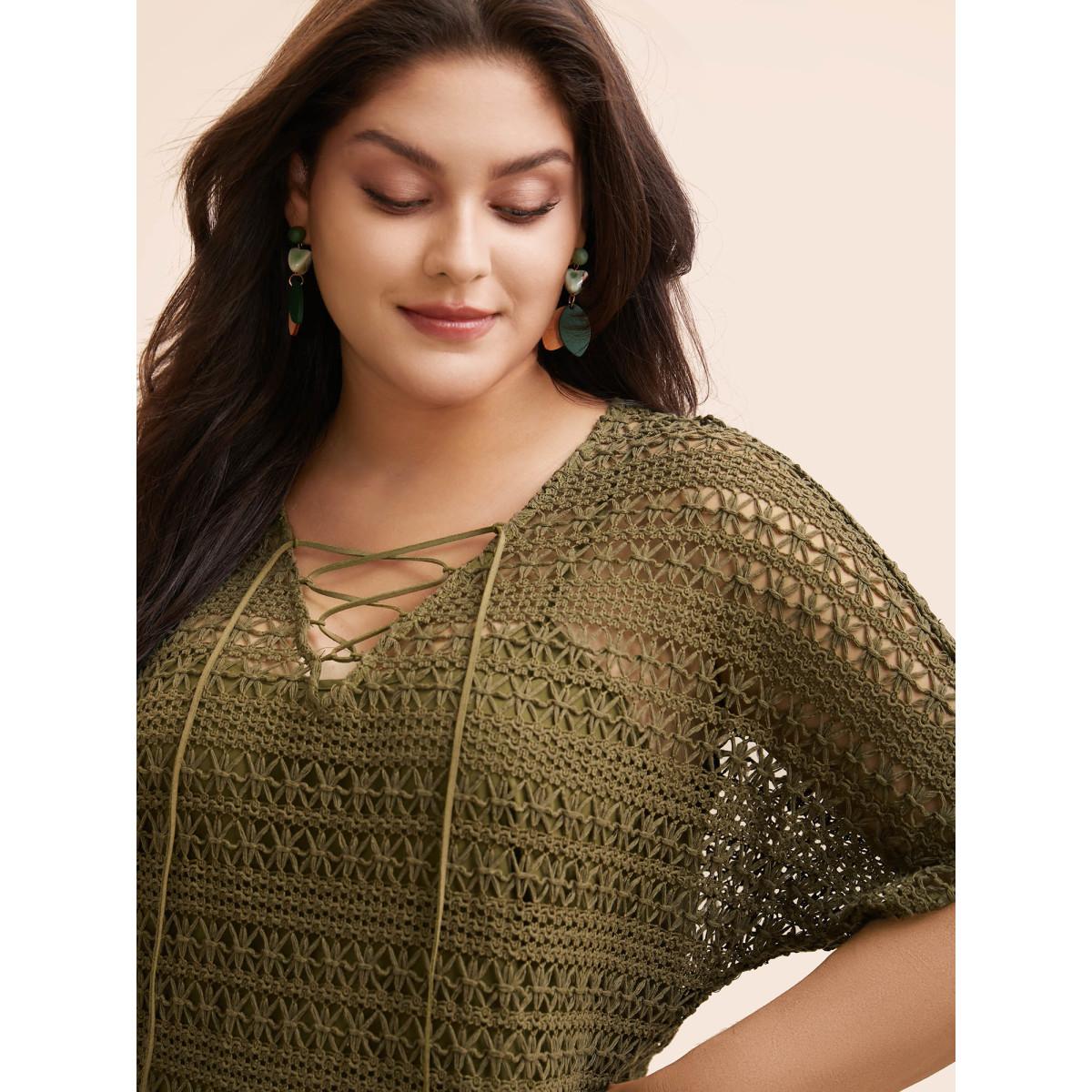 Plus Size Crocheted Lace Up Dolman Sleeve Tiered Dress ArmyGreen Women Casual Texture V-neck Half Sleeve Curvy BloomChic 12/L Product Image