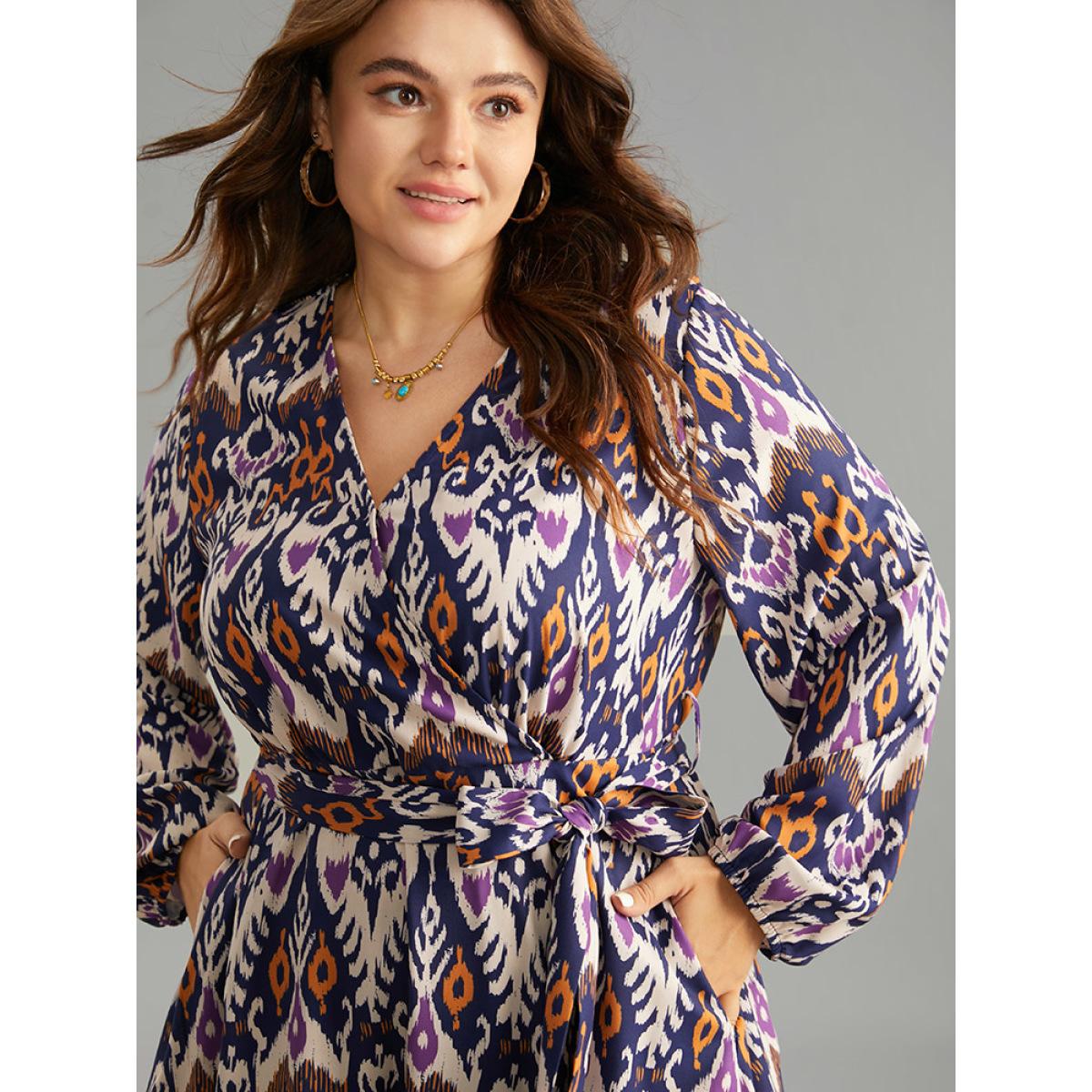 Plus Size Boho Print Overlap Collar Elastic Waist Belted Dress DarkBlue Women Resort Elastic cuffs Overlap Collar Long Sleeve Curvy Midi Dress BloomChic 26/4X Product Image