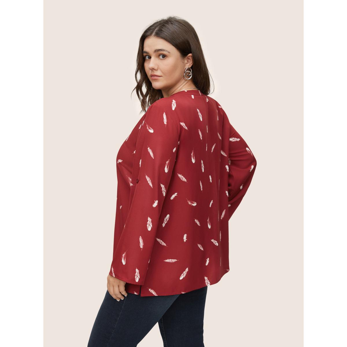 Plus Size Scarlet Feather Print Half Zip Tab Sleeve Split Hem Blouse Women Work From Home Long Sleeve Round Neck Work Blouses BloomChic 14-16/1X Product Image