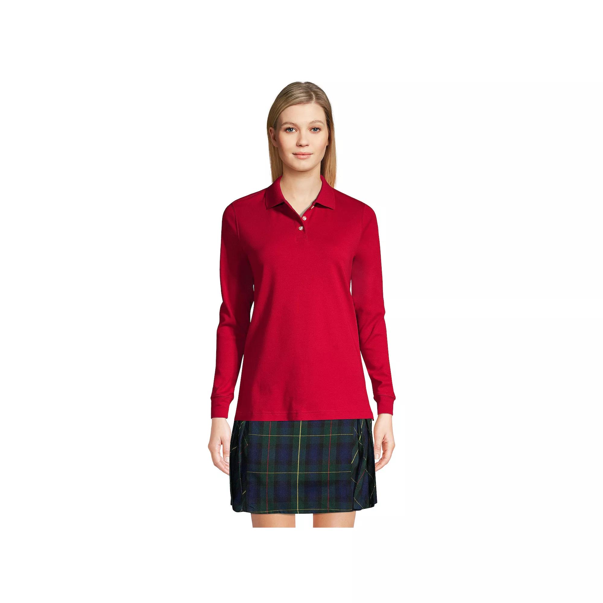 Women's Lands' End School Uniform Long Sleeve 3-Button Interlock Polo Shirt,  Product Image