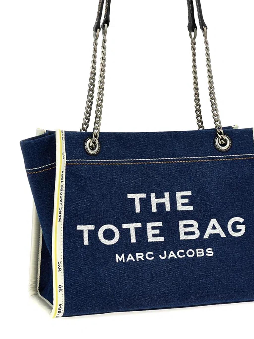 MARC JACOBS The Medium Tote In Blue Denim With Embroidered Logo In Dark Wash Product Image