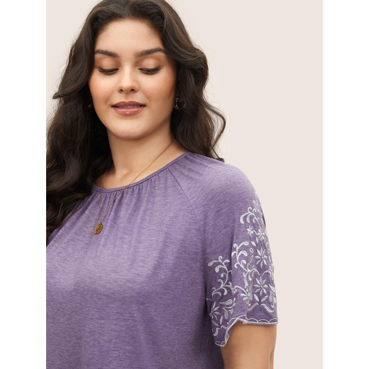 Plus Size Embroidered Scalloped Trim Gathered T-shirt BlueViolet Women Elegant Embroidered Round Neck Everyday T-shirts BloomChic 26/4X Product Image