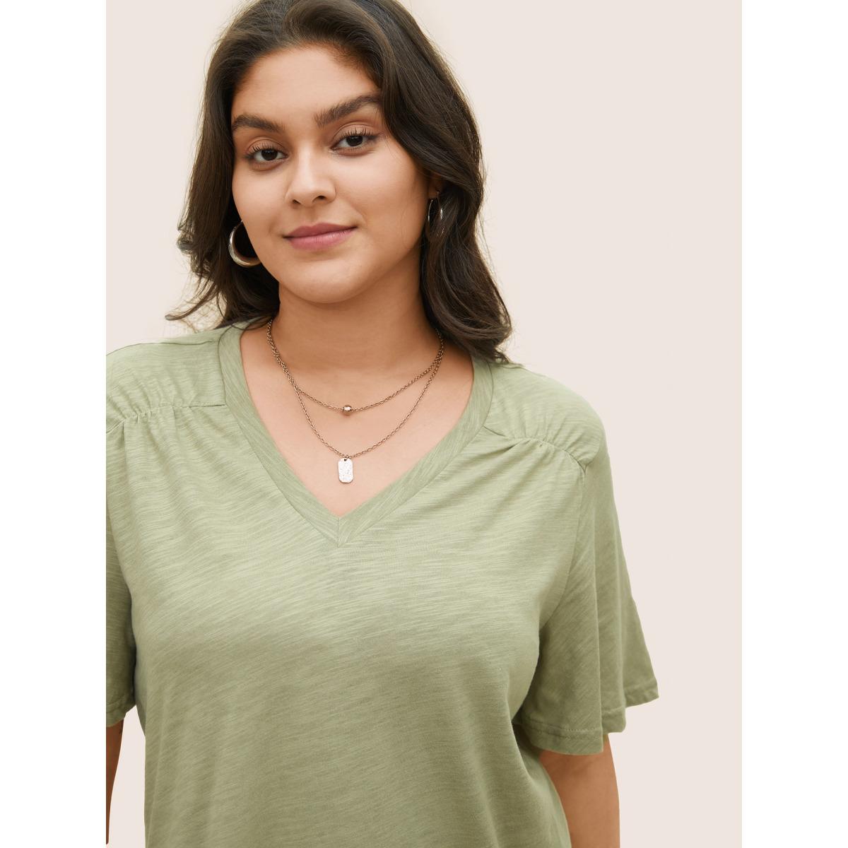Plus Size Plain Ruffle Sleeve Heather V Neck T-shirt Sage Women Casual Plain V-neck Everyday T-shirts BloomChic 28/5X Product Image