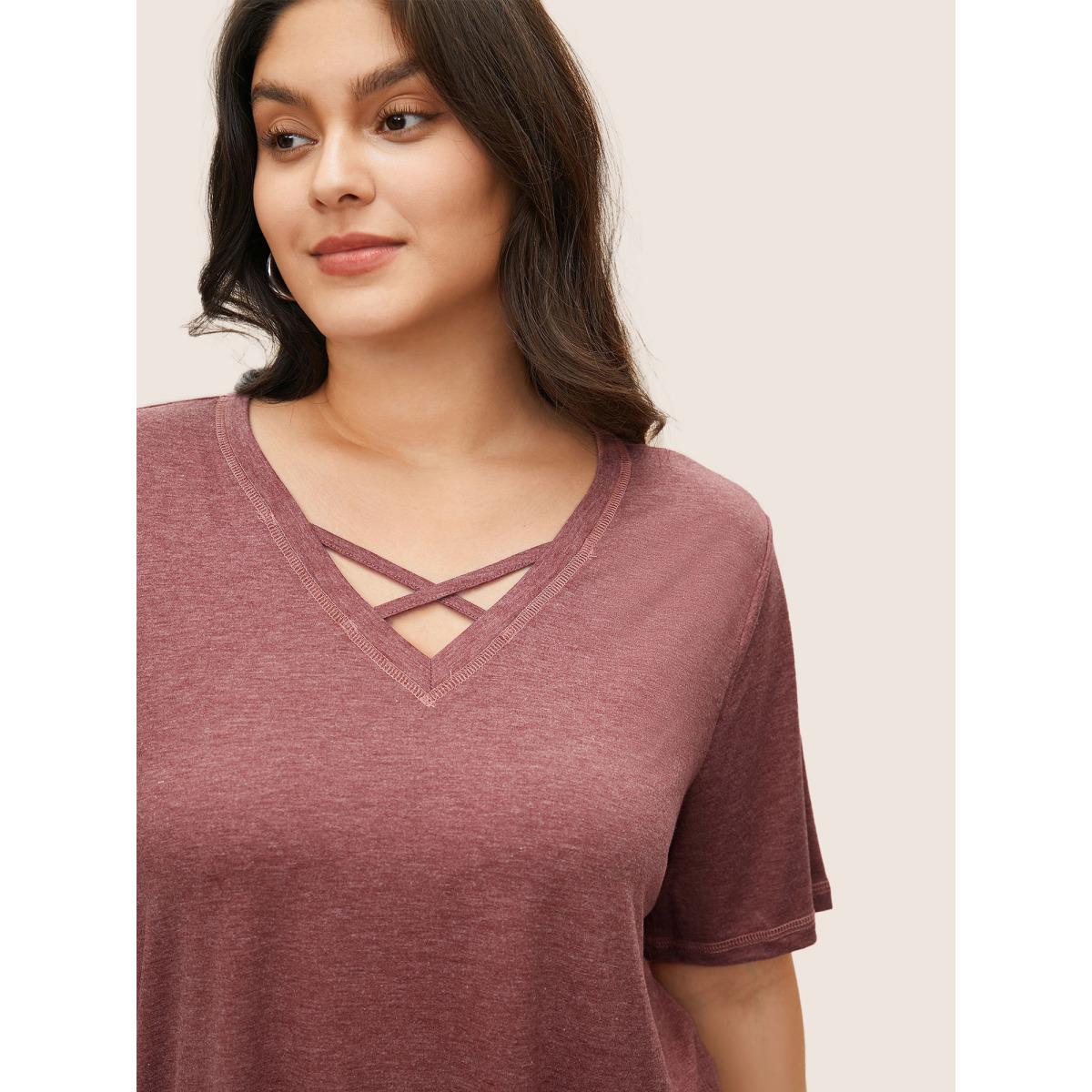 Plus Size Solid Crisscross Neck Contrast Stitch T-shirt Russet Women Leisure Plain V-neck Casual T-shirts BloomChic 12/L Product Image