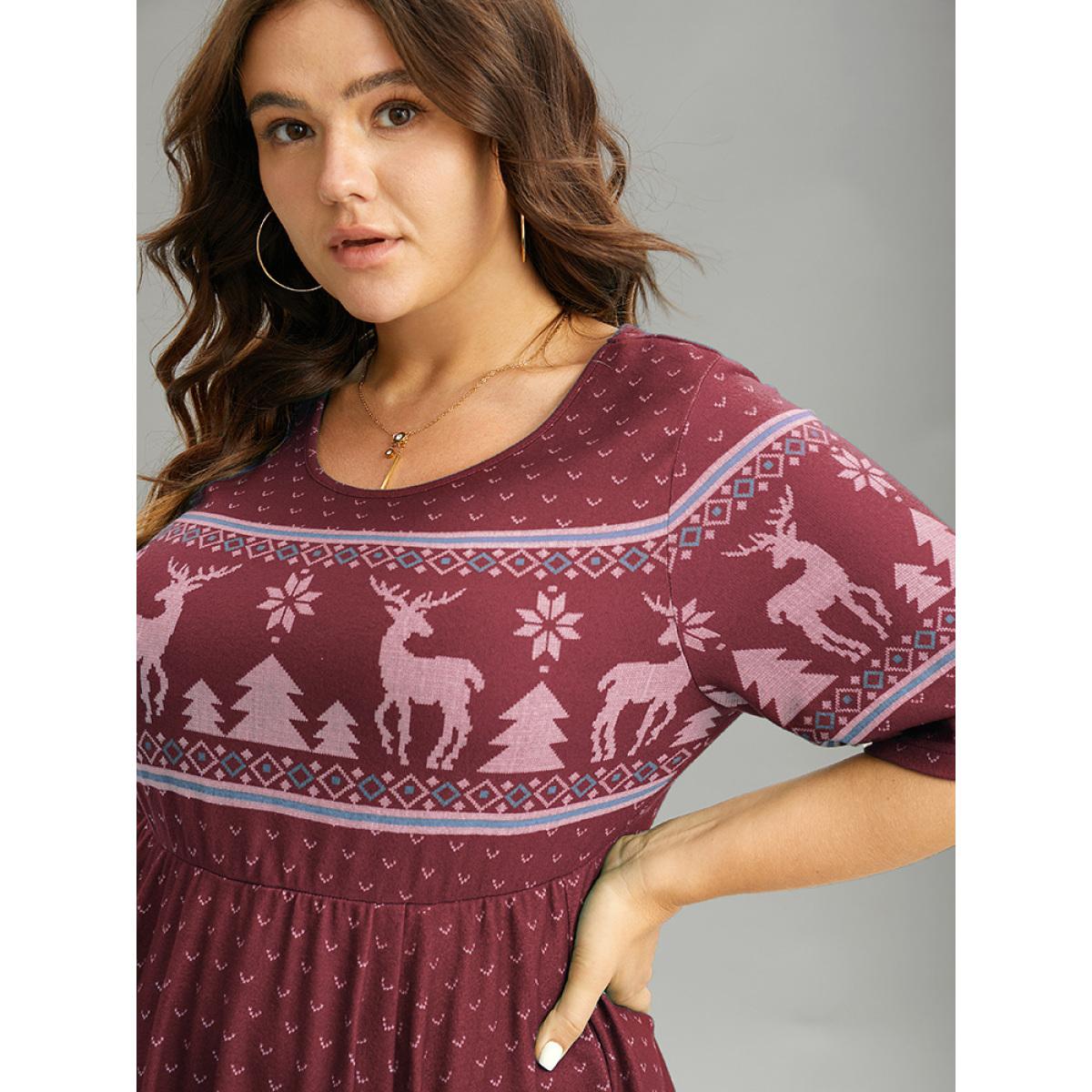 Plus Size Christmas Elk Elastic Waist Hanky Hem Dress Maroon Women Casual Printed Round Neck Half Sleeve Curvy Midi Dress BloomChic 18-20/2X Product Image