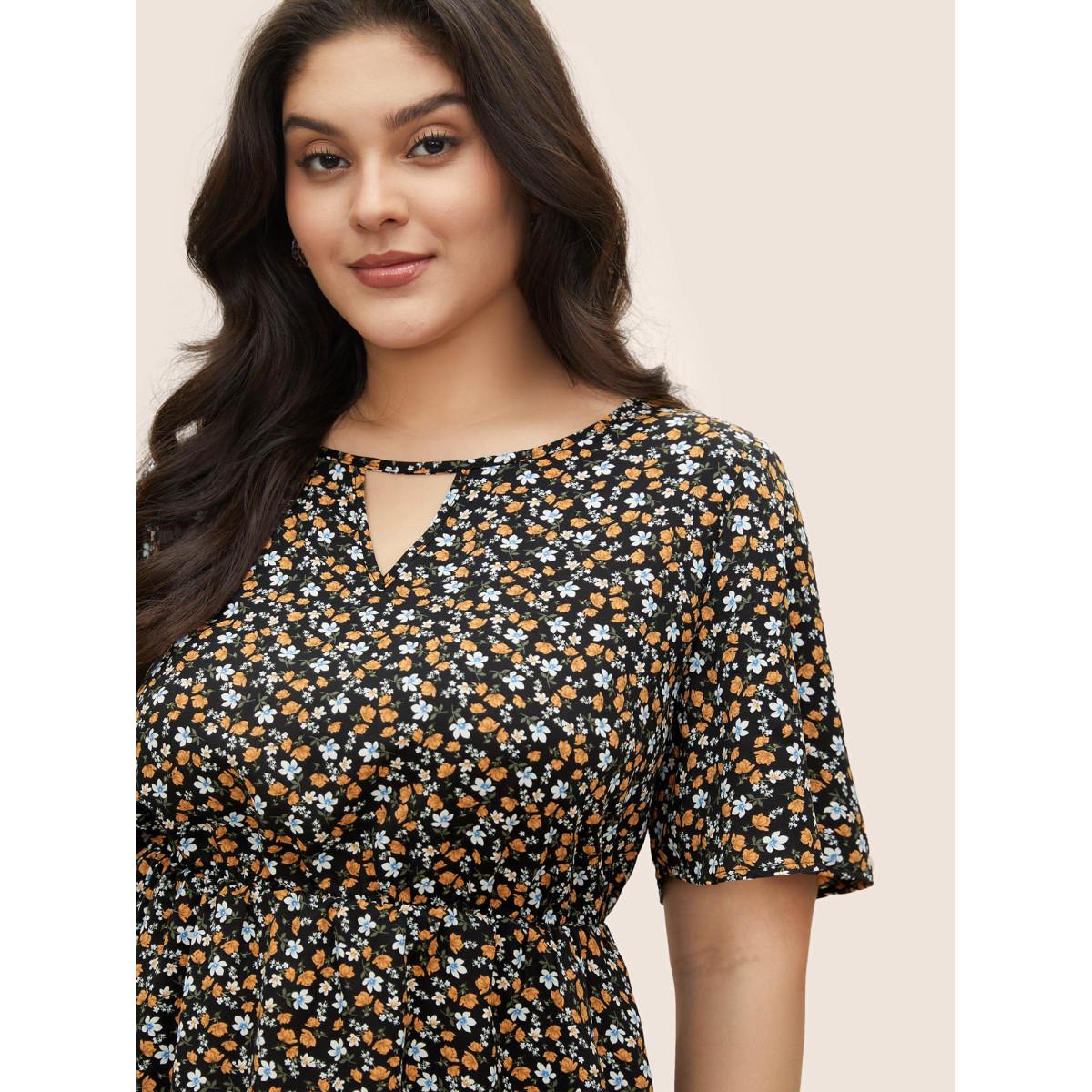 Plus Size Black Ditsy Floral Keyhole Elastic Waist Ruffle Sleeve Blouse Women Elegant Short sleeve Notched collar Everyday Blouses BloomChic 28/5X Product Image