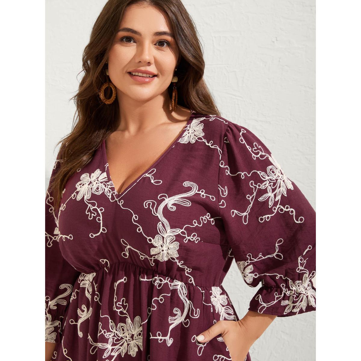 Plus Size Floral Embroidered Stretchy Waist Midi Dress Deeppurplered Women Boho V-neck Half Sleeve Curvy BloomChic 14-16/1X Product Image