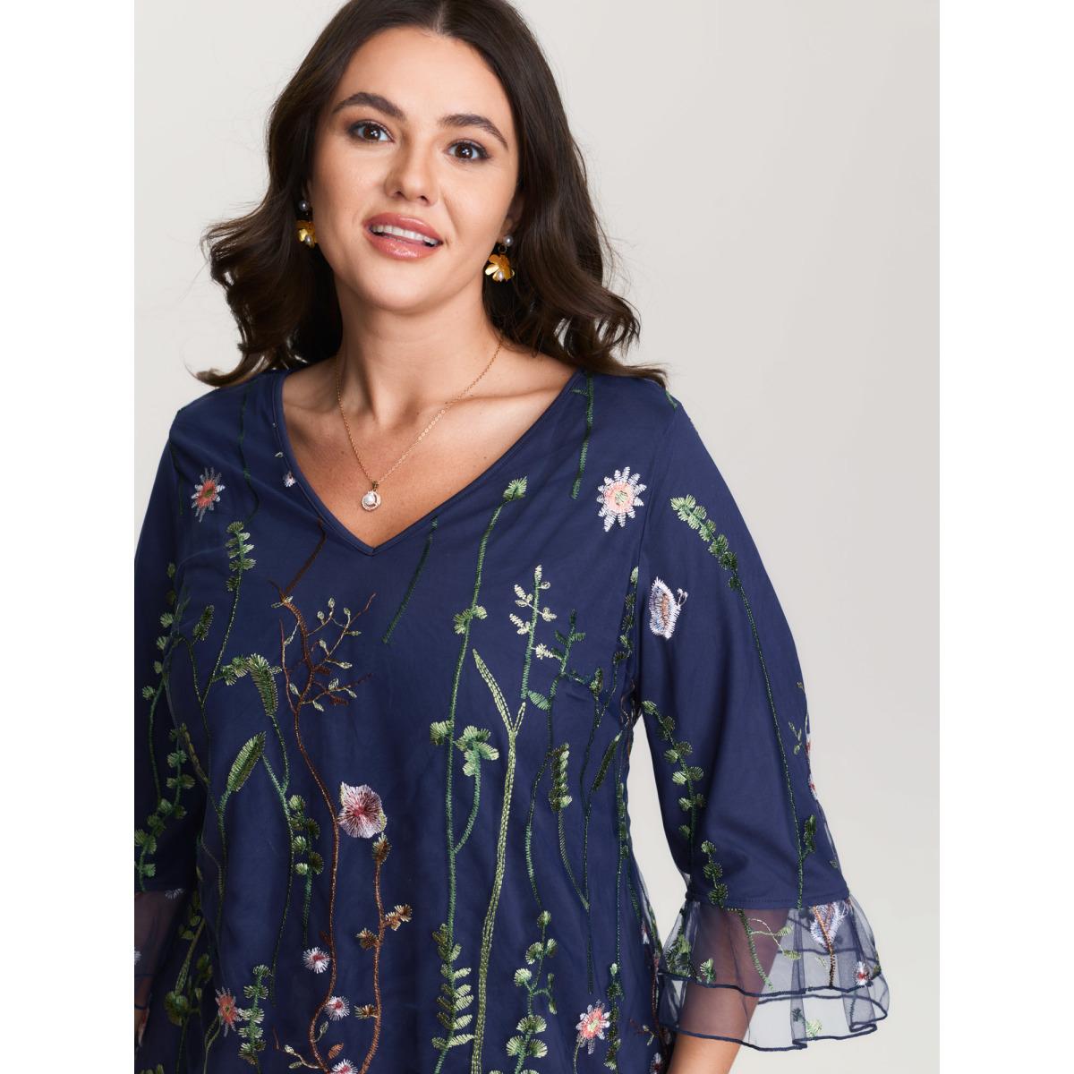 Plus Size Indigo Embroidered Mesh Lotus Leaf Sleeve Blouse Women Romantic Elbow-length sleeve V-neck Elegant Blouses BloomChic 14-16/1X Product Image