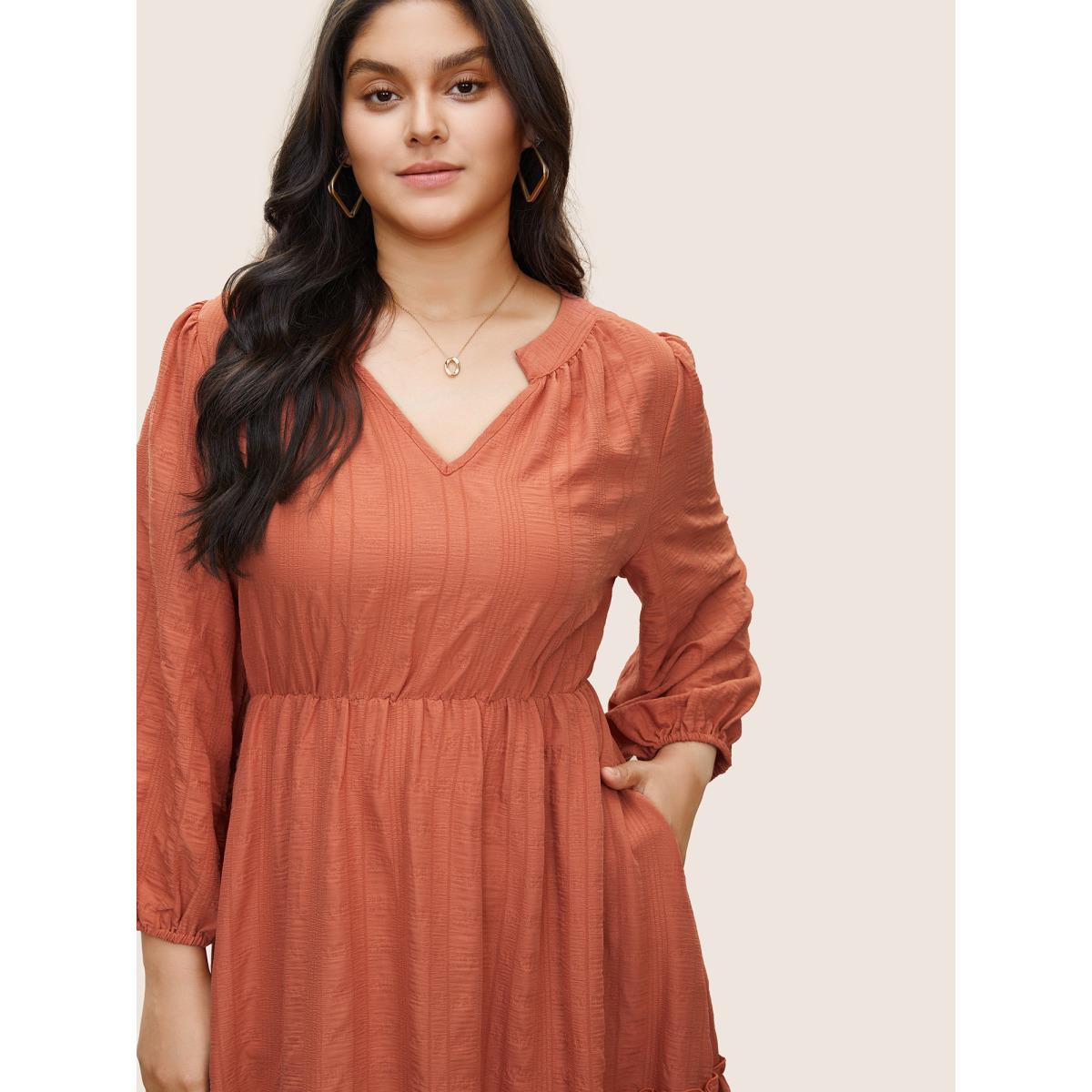 Plus Size Plisse Notched Ruffle Trim Layered Hem Dress Chocolate Women Elegant Non Notched collar Long Sleeve Curvy Midi Dress BloomChic 28/5X Product Image