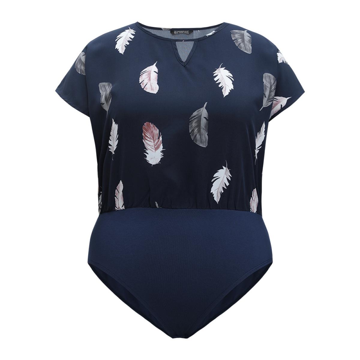 Plus Size Feather Print Keyhole Batwing Sleeve Bodysuit Women DarkBlue Feather Printed Bodysuits BloomChic 12/L Product Image