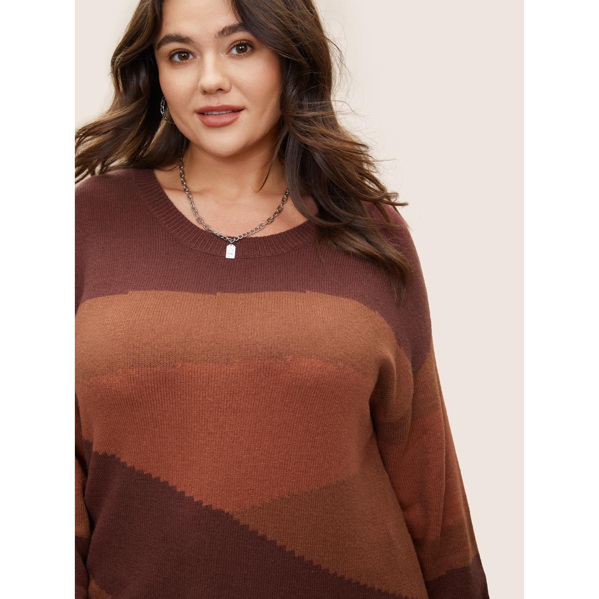 Plus Size Supersoft Essentials Colorblock Contrast Drop Shoulder Pullover Rust Women Casual Long Sleeve Round Neck Everyday Pullovers BloomChic 26/4X Product Image