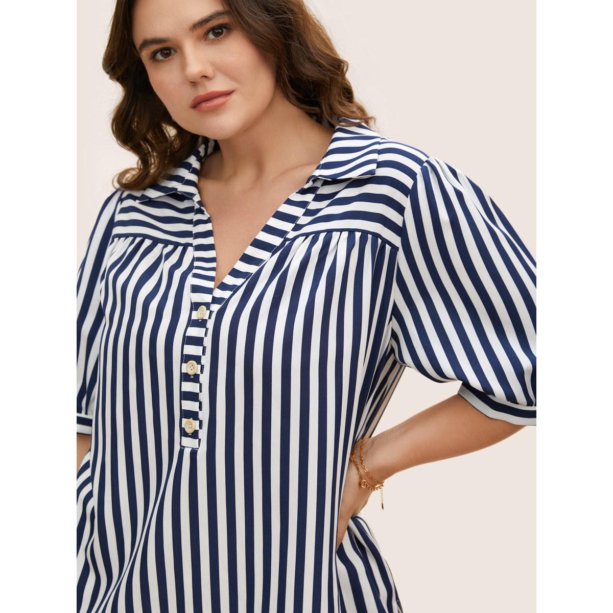 Plus Size DarkBlue Striped Notched Collar Lantern Sleeve Blouse Women Workwear Essentials Short sleeve Notched collar Work Blouses BloomChic 10/M Product Image