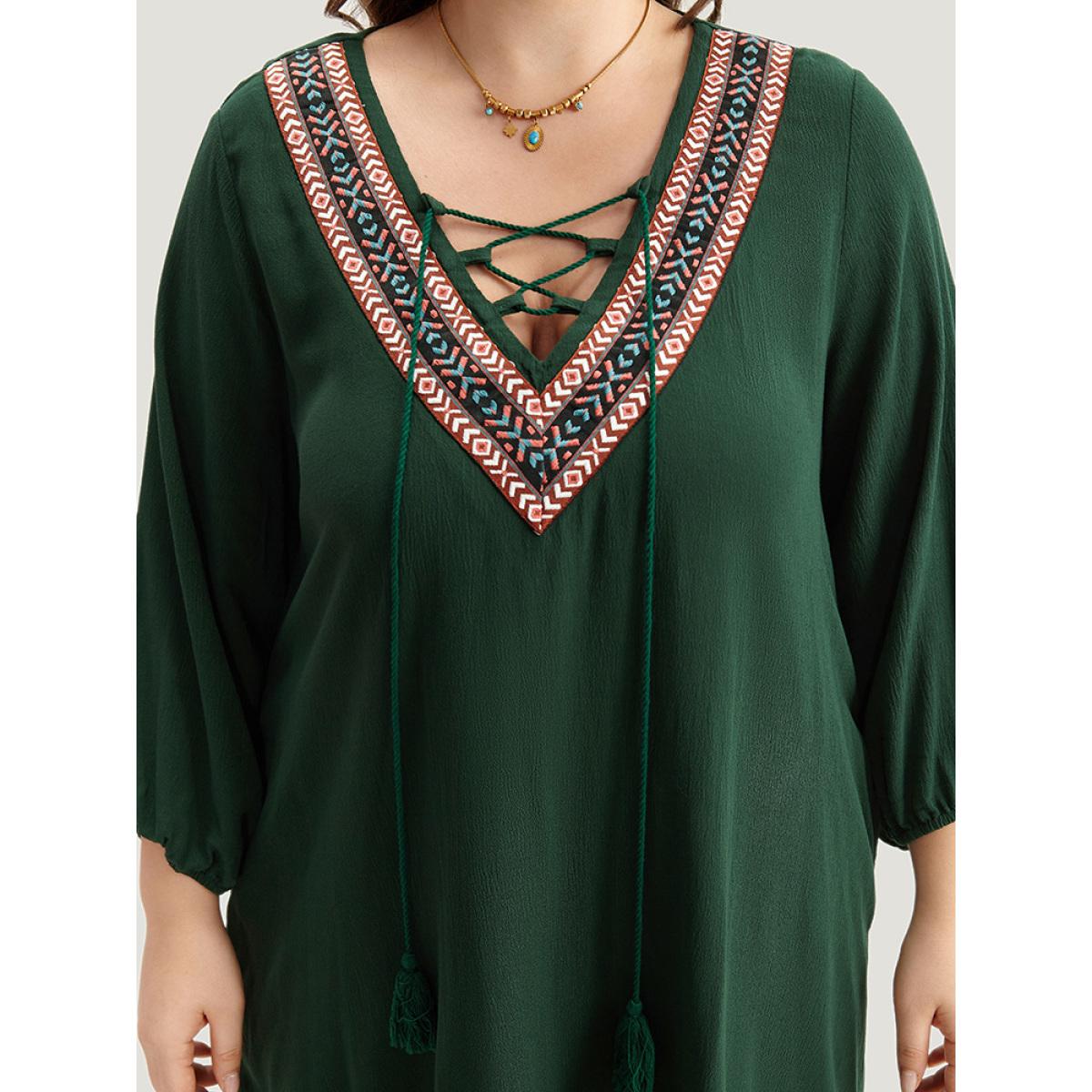 Plus Size Contrast Webbing Lace Up High Low Hem Dress DarkGreen Women Vacation Elastic cuffs Tie Neck Elbow-length sleeve Curvy Knee Dress BloomChic 18-20/2X Product Image