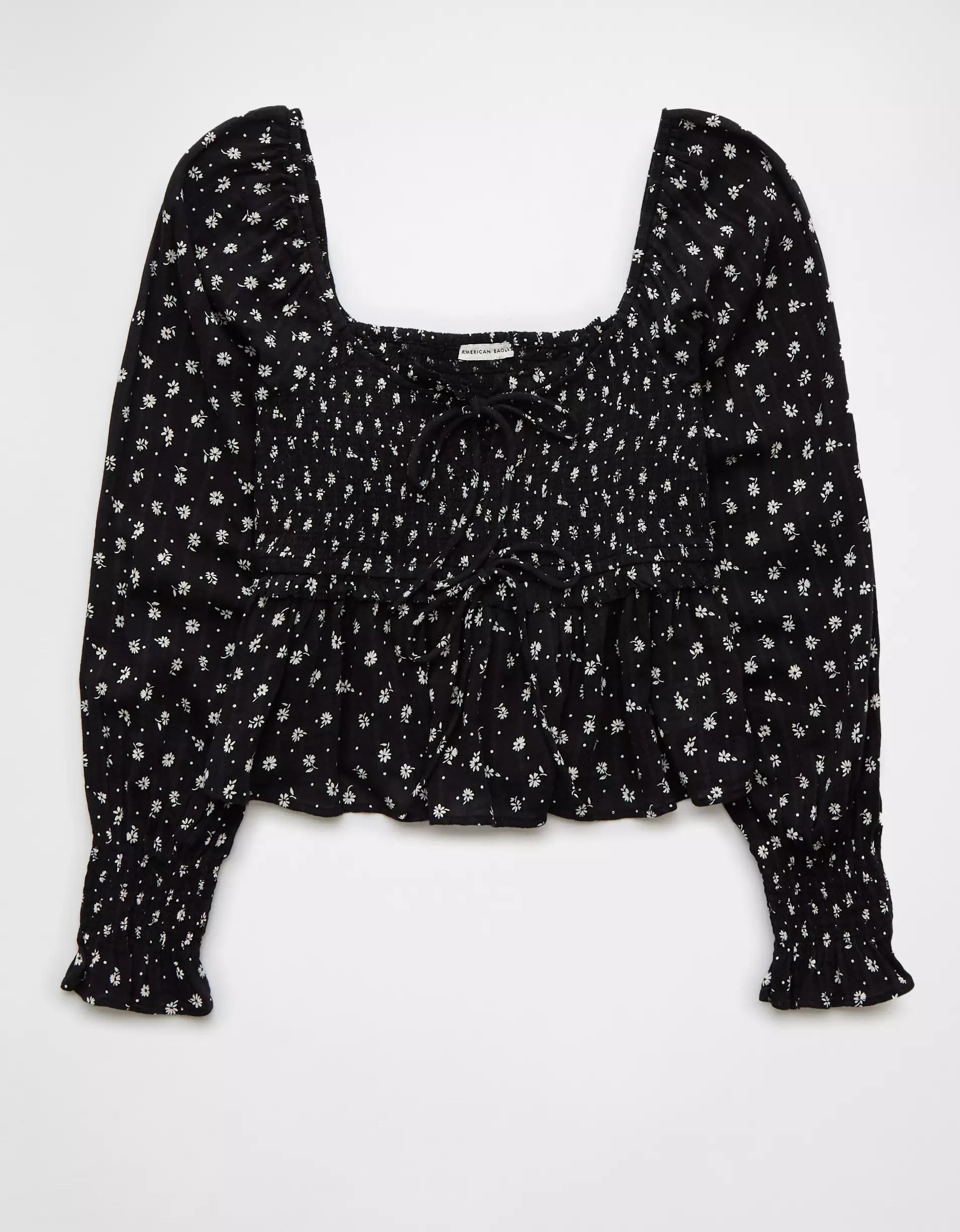 AE Long-Sleeve Smocked Tie Front Blouse Product Image