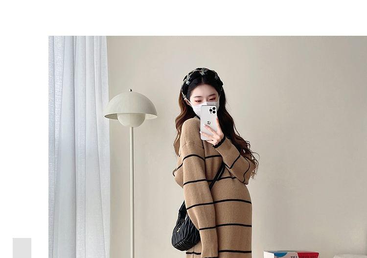 Maternity Long Sleeve Round Neck Striped Ribbed Midi Shift Sweater Dress Product Image