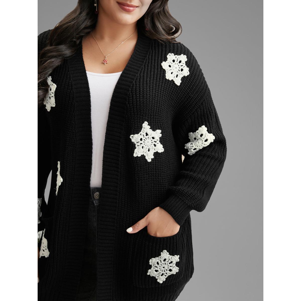 Plus Size Snowflakes Embroidered Open Cardigan Black Women Casual Loose Long Sleeve Everyday Cardigans BloomChic 12/L Product Image