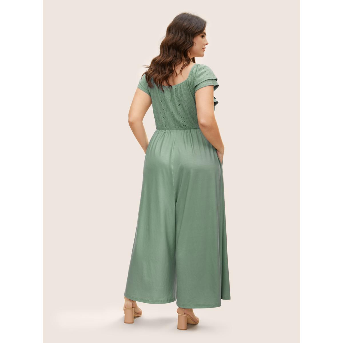 Plus Size Sage Eyelet Embroidery Tiered Ruffle Trim Jumpsuit Women Elegant Cap Sleeve Heart neckline Everyday Loose Jumpsuits BloomChic 22-24/3X Product Image