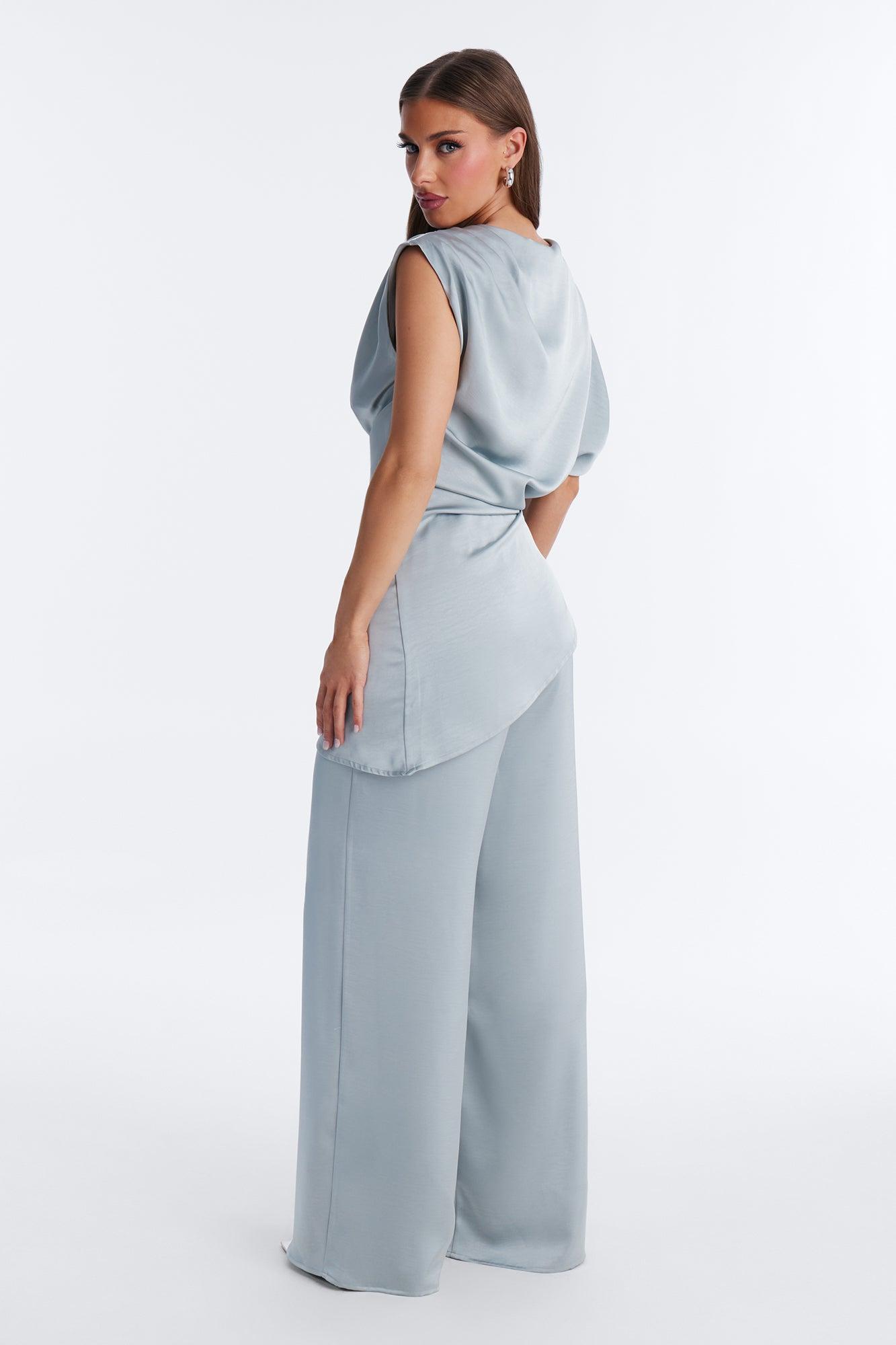 Mallory Satin Asymmetrical Pant Set - Dusty Blue Female Product Image