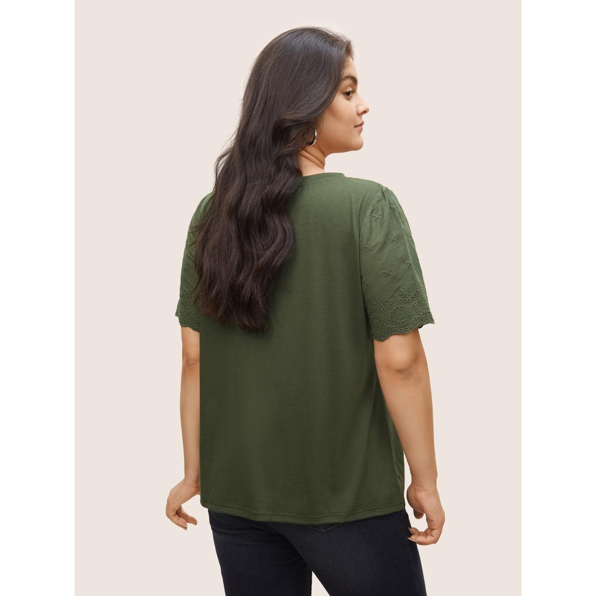 Plus Size Plain Crew Neck Broderie Anglaise T-shirt ArmyGreen Women Elegant Non Plain Round Neck Everyday T-shirts BloomChic 12/L Product Image