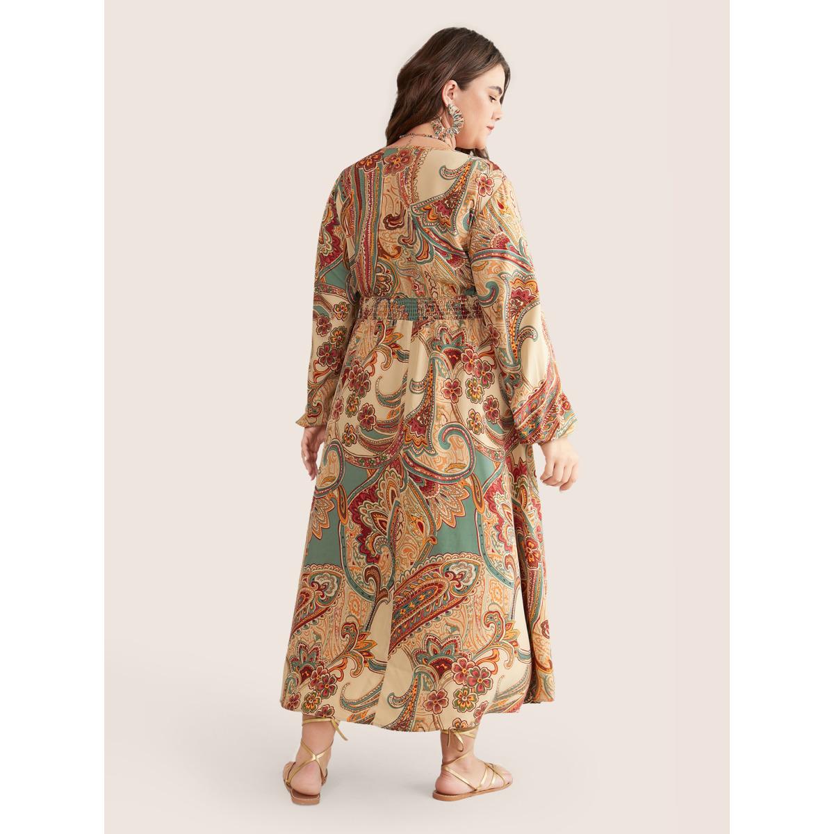 Plus Size Paisley Shirred Split Side Overlap Collar Dress Apricot Women Vacation Elastic cuffs Overlap Collar Long Sleeve Curvy Midi Dress BloomChic 14-16/1X Product Image