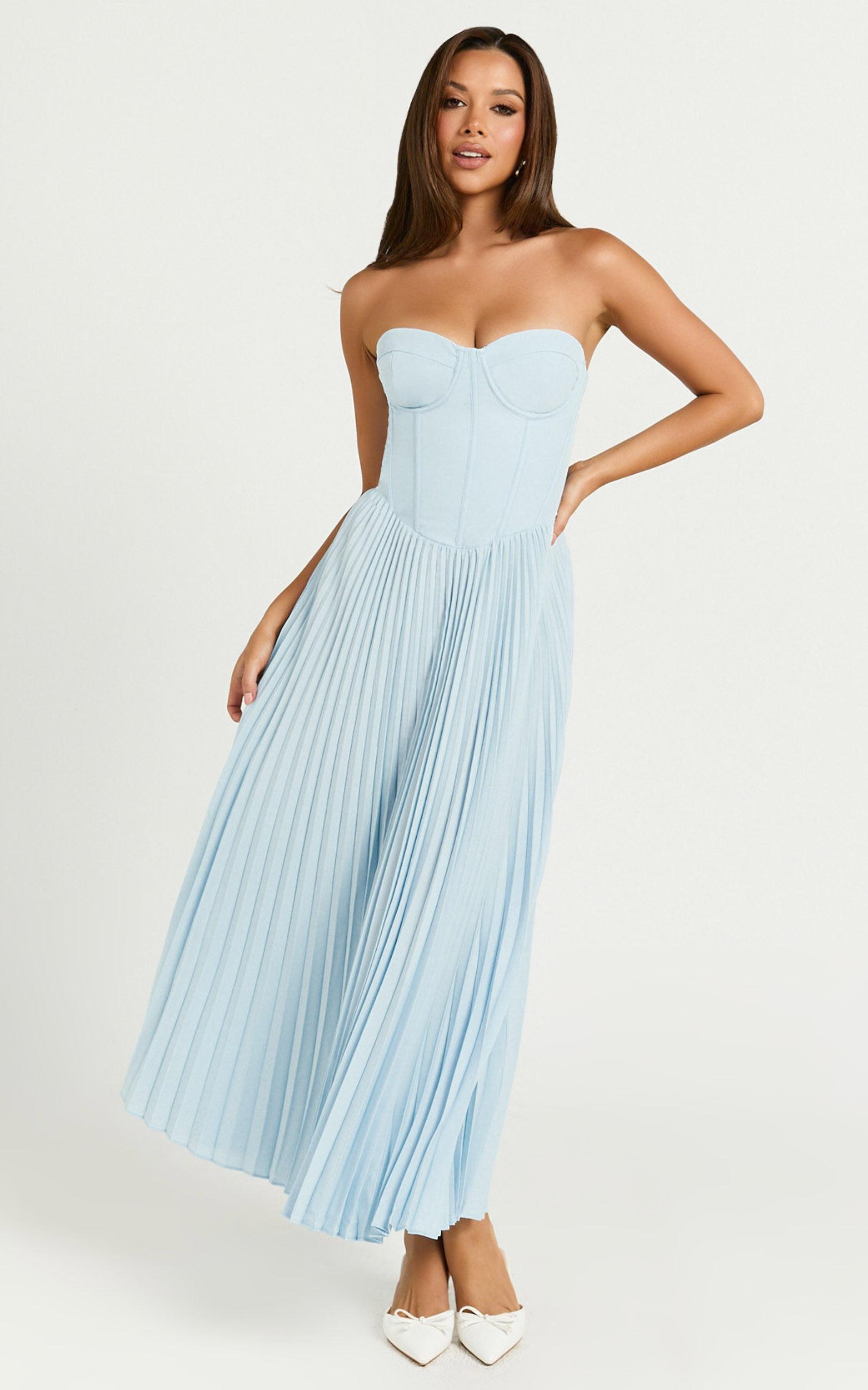 Loretta Midi Dress - Lace Up Back Bustier Pleated Dress in Light Blue Product Image