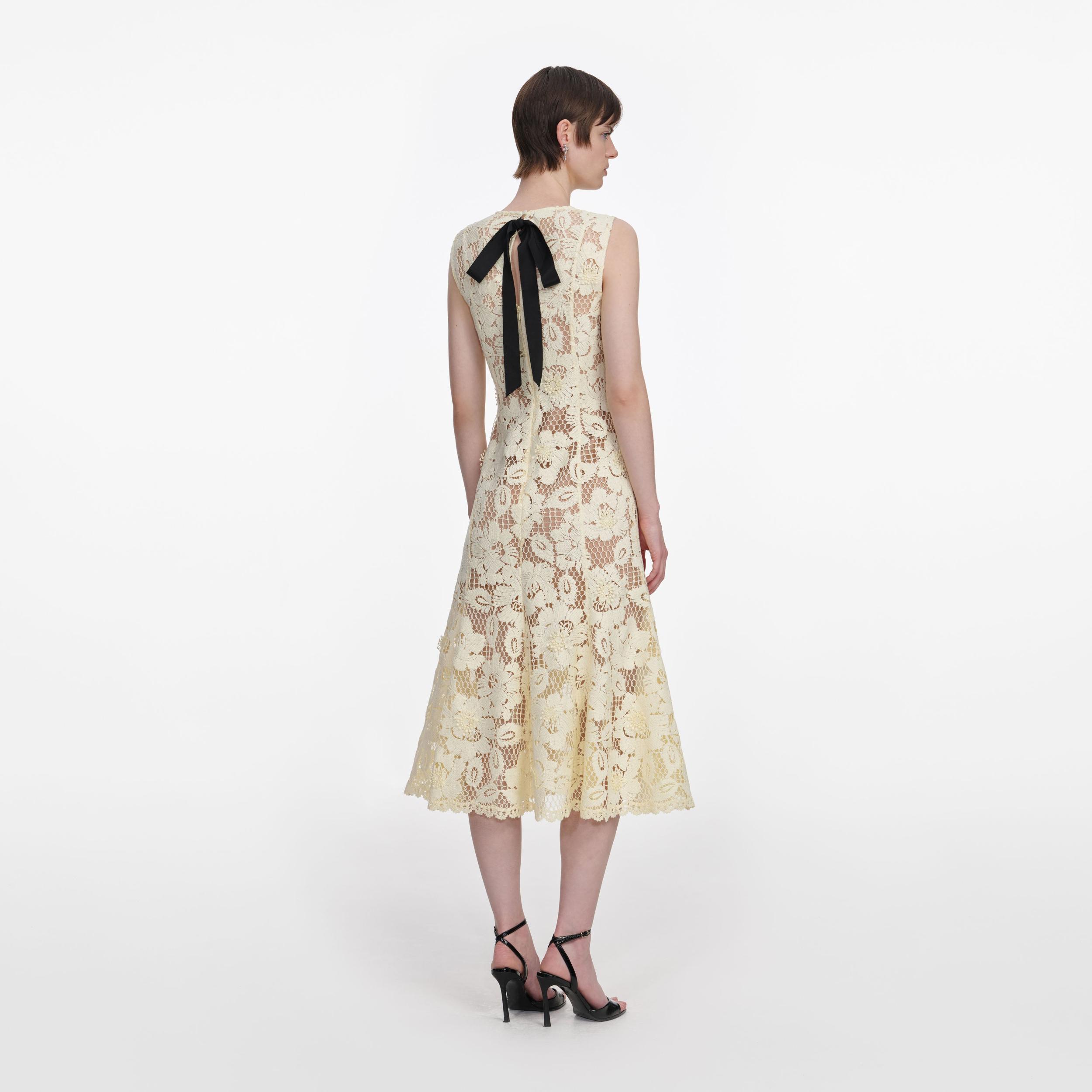 Yellow Crochet Lace Midi Dress Product Image