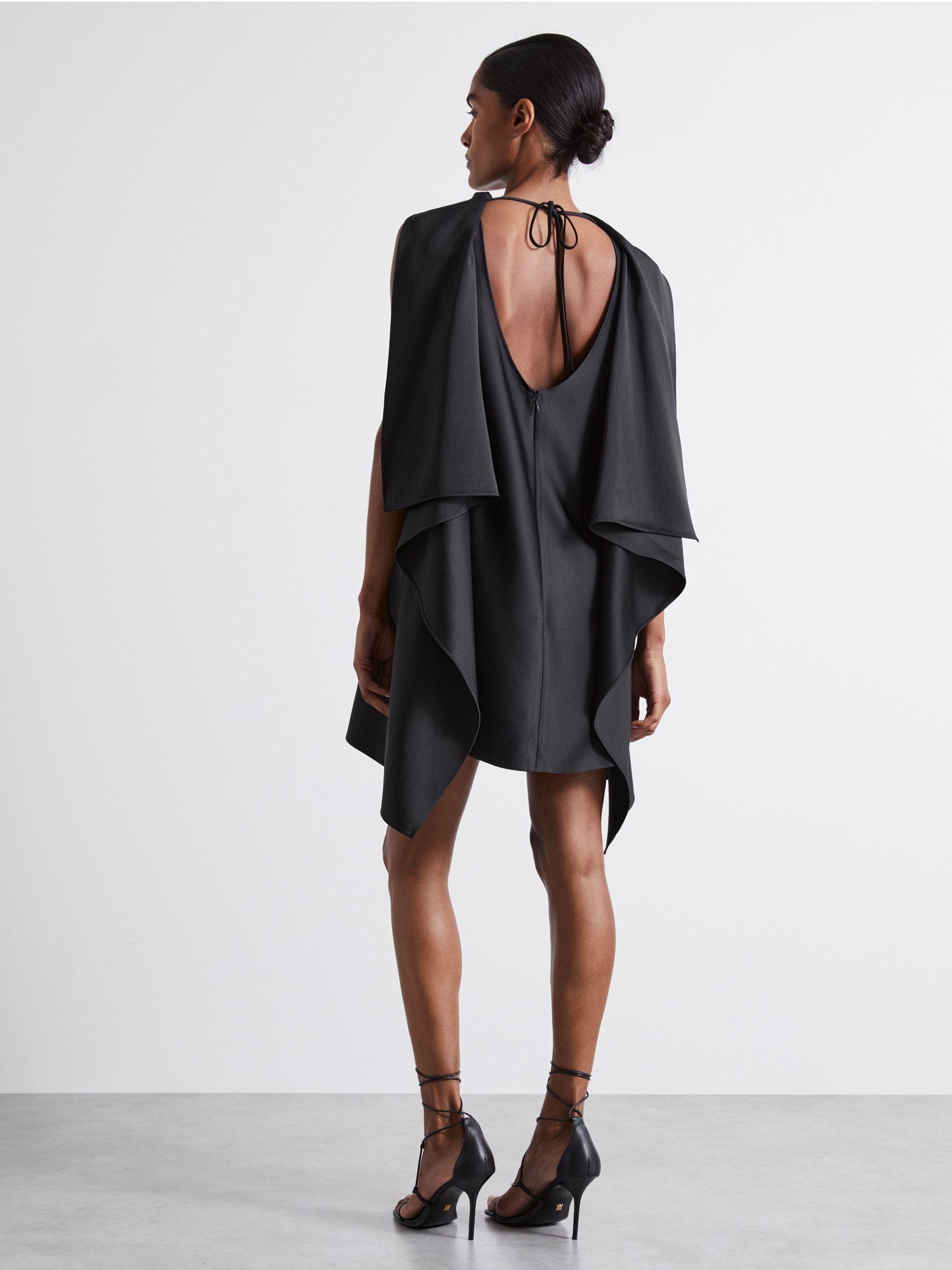 Atelier Asymmetric Satin Cape-Sleeve Mini Dress in Black Product Image
